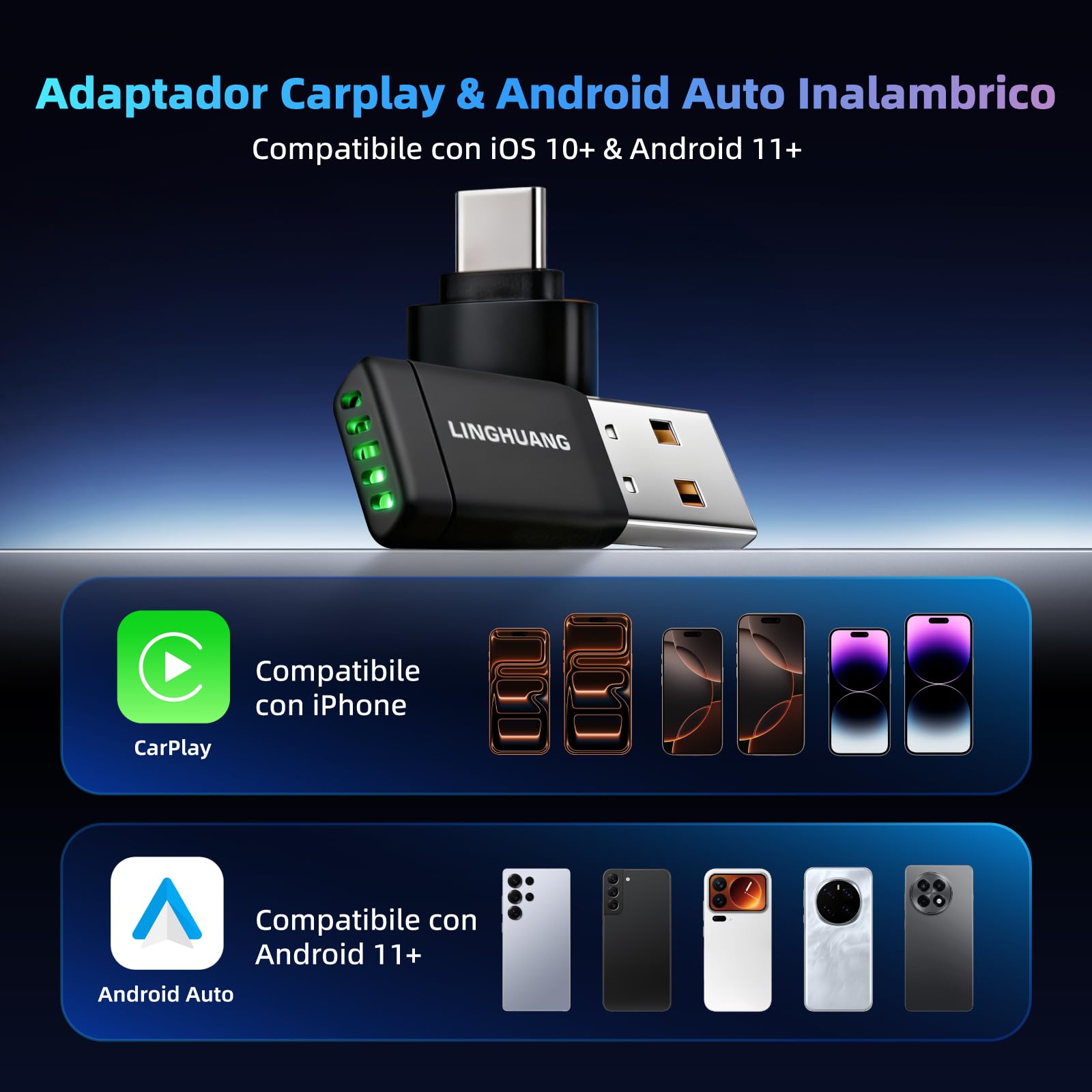 LINGHUANG Adaptador Carplay Inalambrico & Mini Adaptador Android Auto Inalambrico, Convierte de Cableado a Inalámbrico, Plug & Play, Conexión Rápida y Estable, Compatible con iOS 10+ & Android 11+