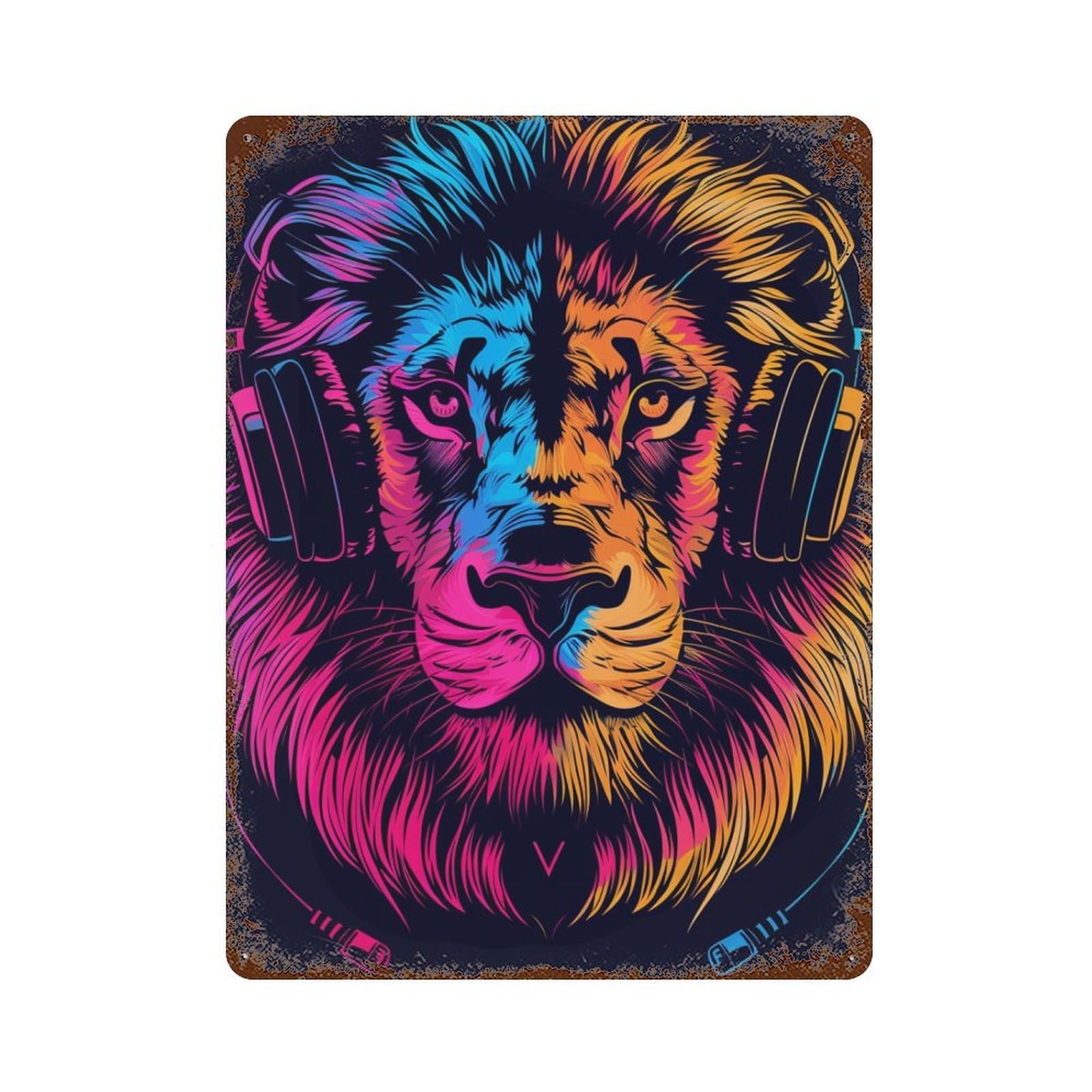 Garage Style Colorful Lion Headphones Art Aged Metal Wall Plaque 15.7"x11.8", Novelty Wall Decor for Bar And Workshop