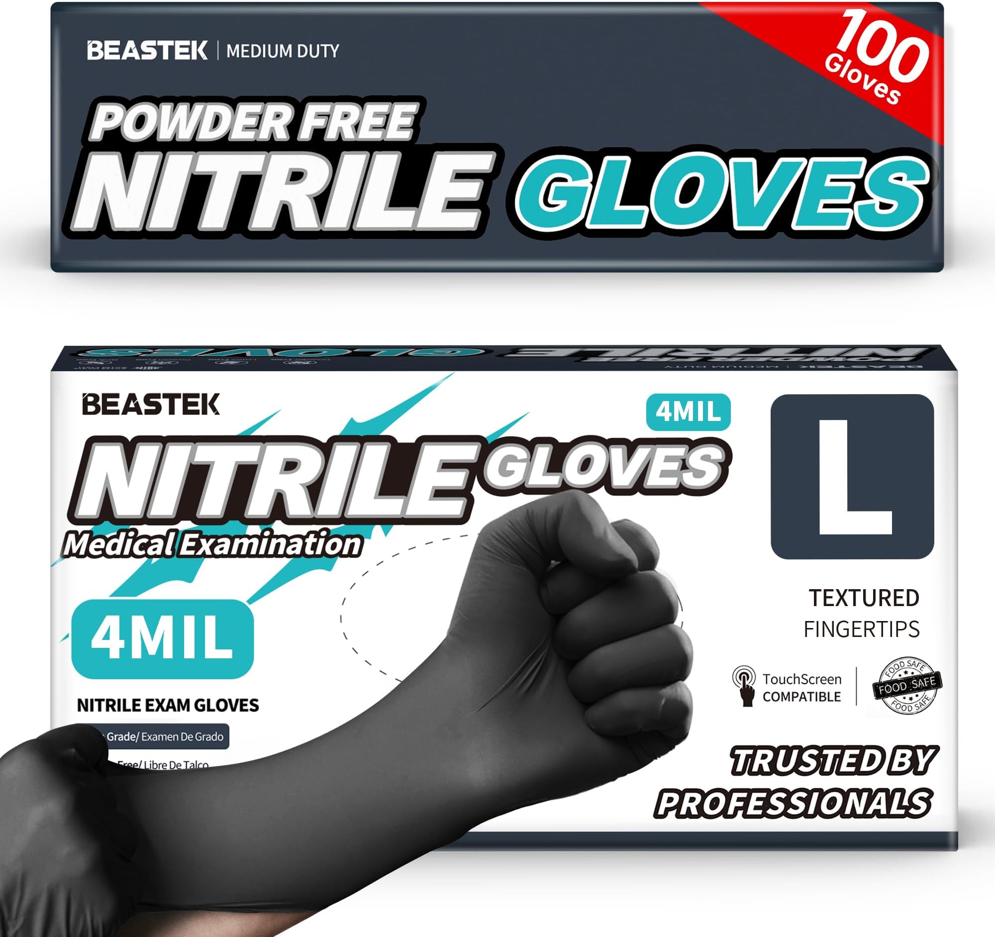 Beastek Black Disposable Nitrile Exam Gloves 100 Pcs 4Mil Chemical Resistant Powder-Free Latex-Free Food Safe Medical Cooking