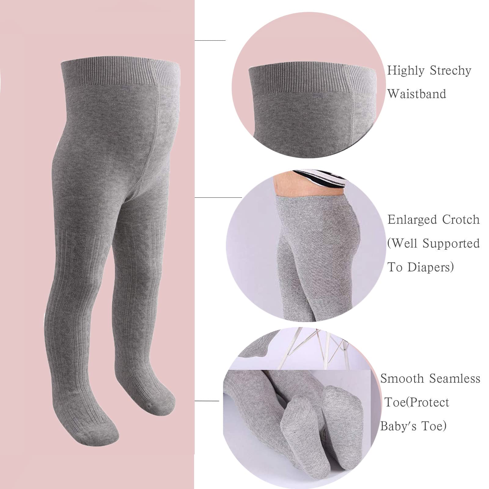 SYGA Baby Tights Soft Cotton Leggings For Girls Toddler Solid Knit Stockings Socks Warm Crochet Pants Pack Of 3 (12-24 Months, Black/Pink/DarkGrey) 2
