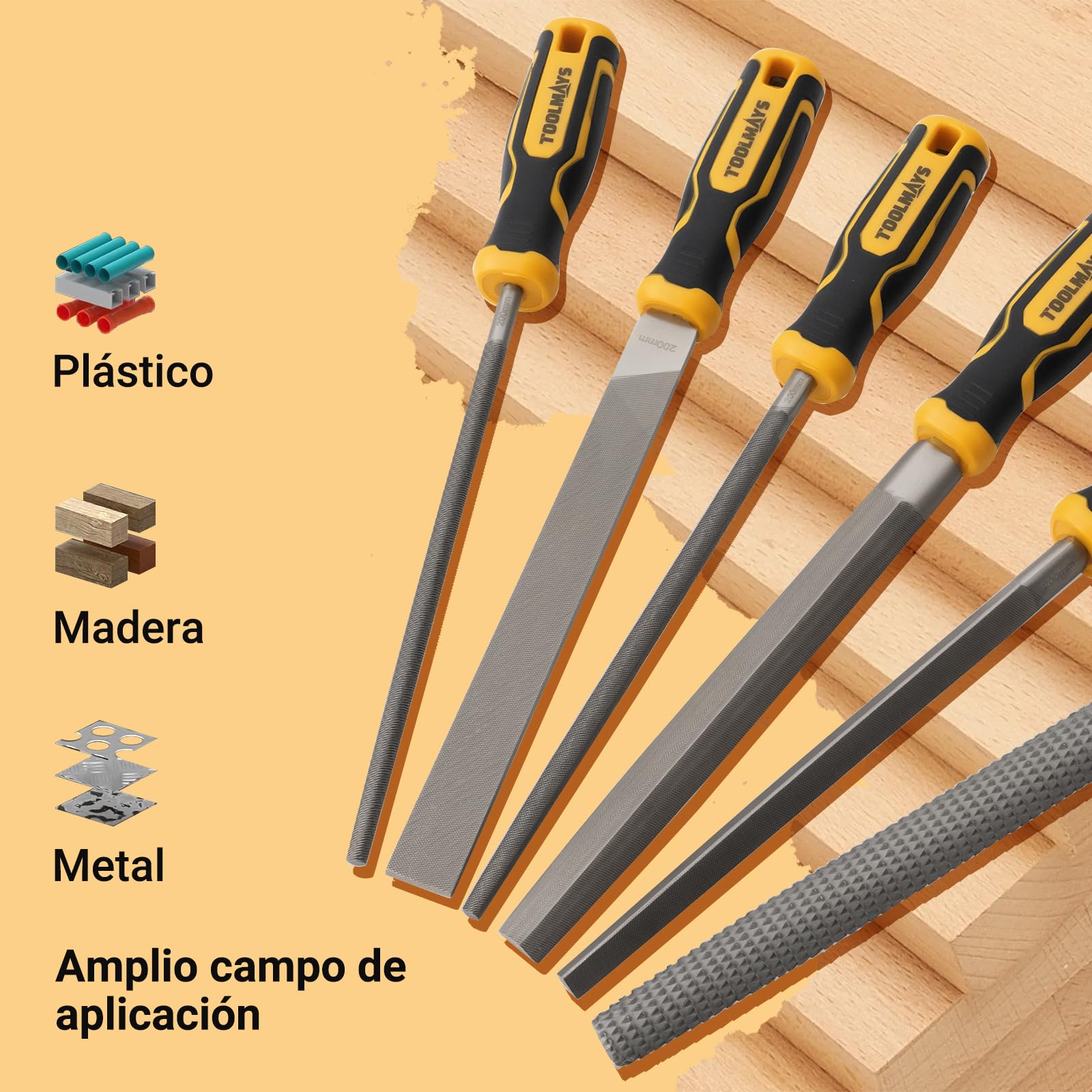 Juego de Limas Metal y Madera 6 Piezas, Cuadradas de 8 Pulgadas | Escofinas incluye Funda Enrollable, Mango de Goma | Lima Redondas, Semicirculares, Planas, Triangulares