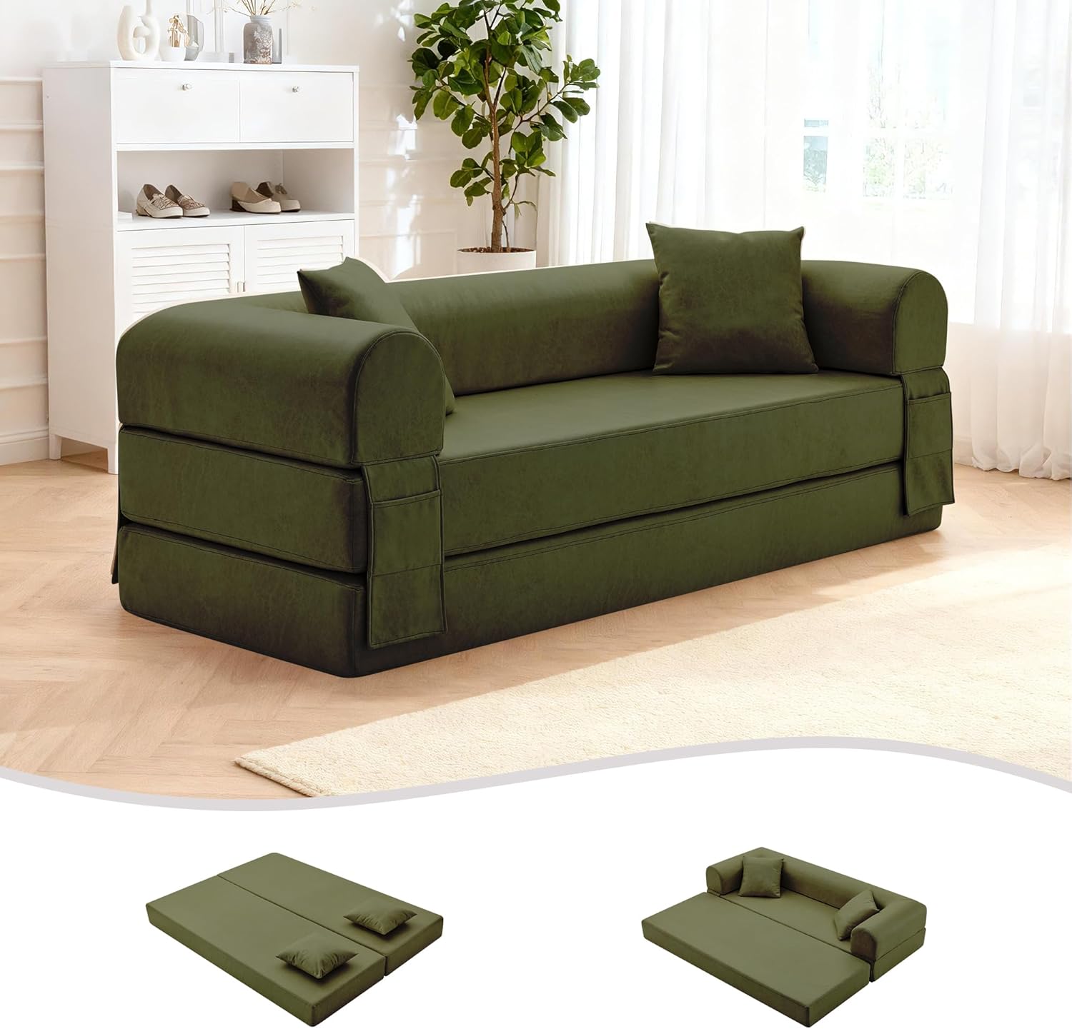 78.5" Convertible Sleeper Sofa Bed, Faux Leather Folding Floor Sofa with Pullout Bed&2 Pillows, No Assembly Modern Boneless Couch Compression Sofa in Box with Storage Pocket for Living Room, Green