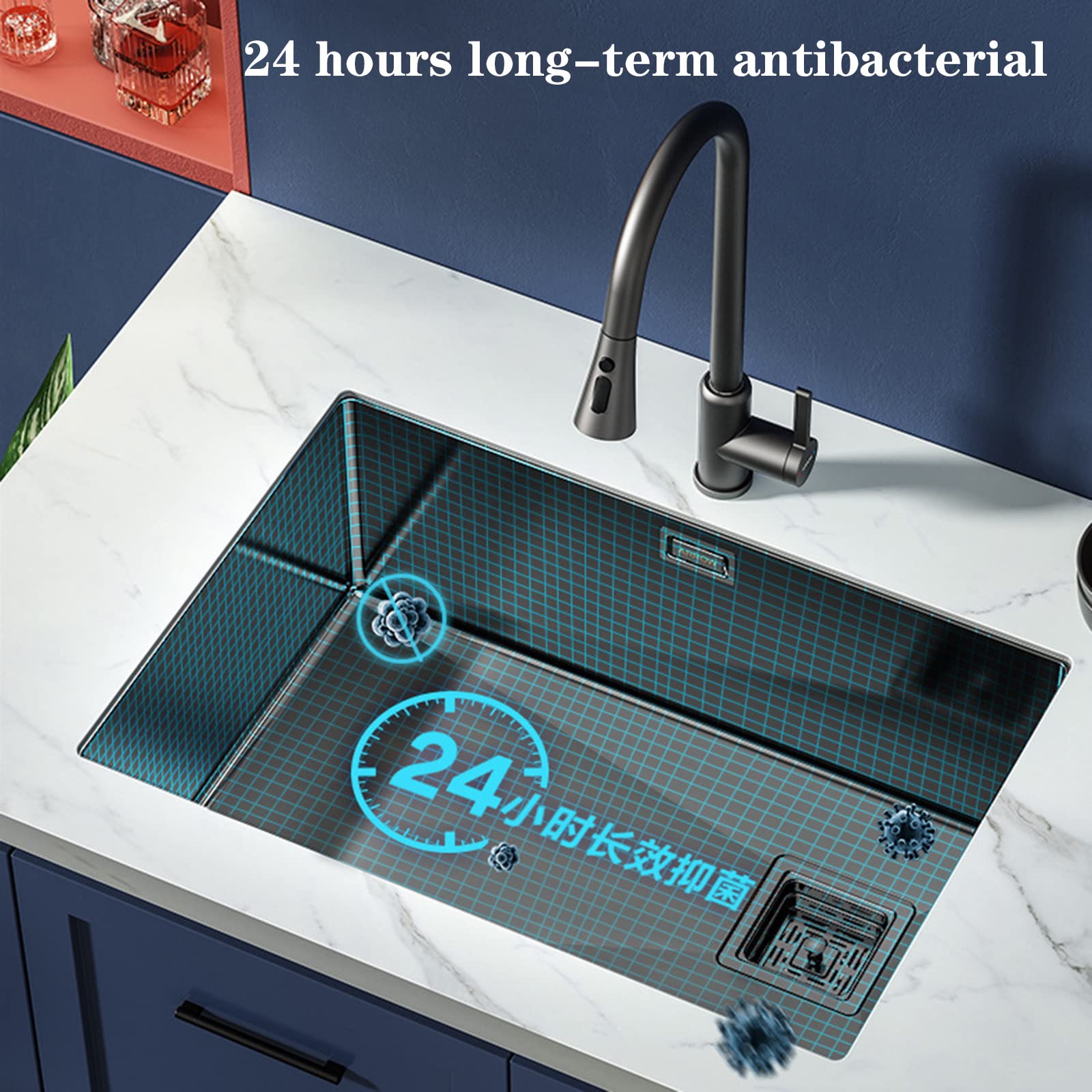 Zlewozmywak kuchenny, czarny, ze stali nierdzewnej 304, z ociekaczem i teleskopowym koszem odpływowym, do kuchni, baru, restauracji