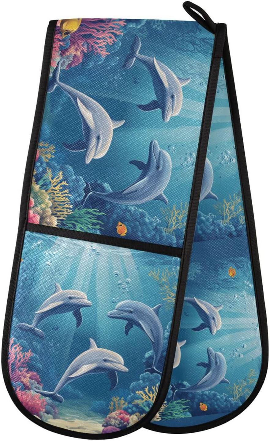 Double Oven Mitts Sea Fish Coral Dolphins, Heat Resistant 7"x35" Long Quilted Kitchen Oven Gloves for Baking, BBQ, Grilling & Microwave - Machine Washable with Hanging Loop