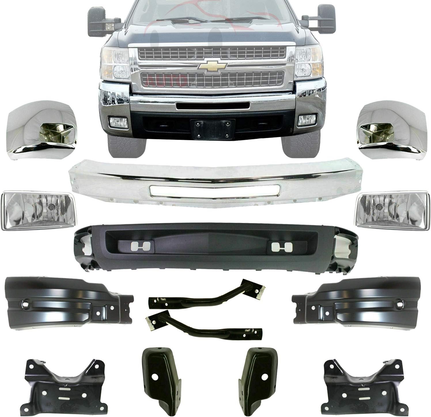 New Front Bumper Chrome Steel + Valance Textured + Fog Lights + Brackets + Ends Chrome With Fog Lights Hole Driver & Passenger Side For 2007-2010 Silverado 2500HD 3500HD Direct Replacement 22872763