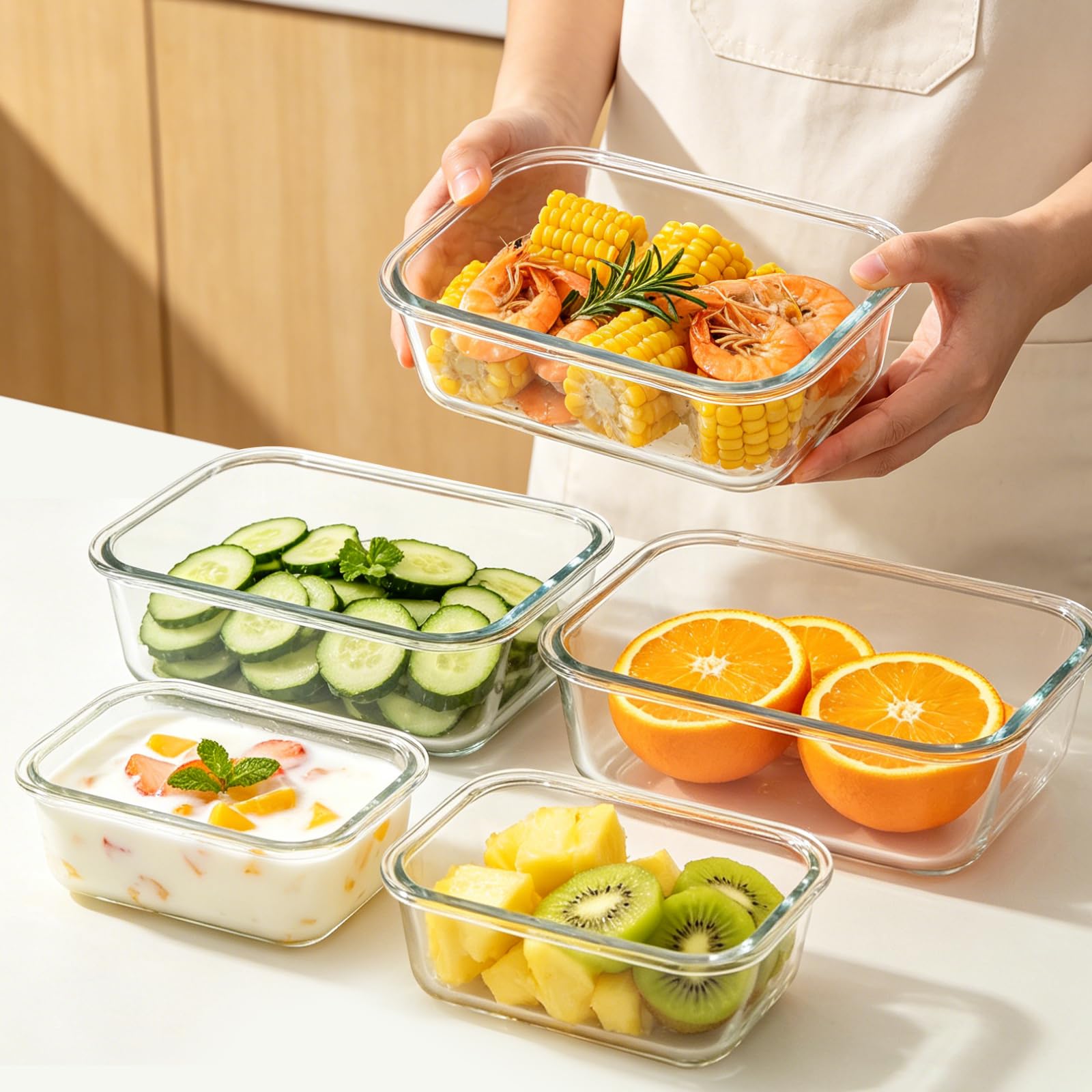 MEETOZ Glasbehälter mit Deckel, 10 Stück | Stapelbares Frischhaltedosen-Set mit Deckel, BPA-frei, für Mikrowelle, Backofen, Gefrierschrank und Spülmaschine (bunt)