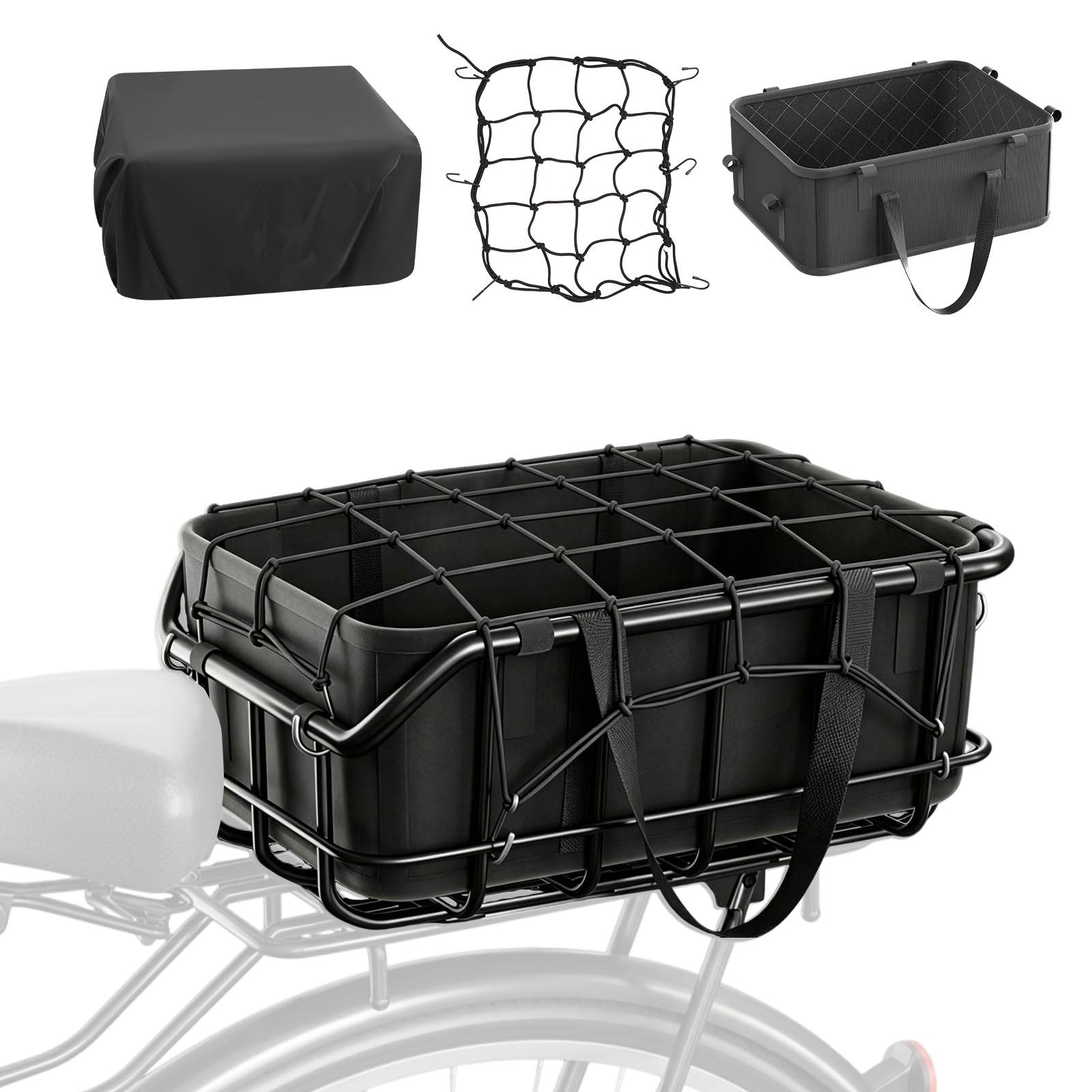 Cestino Bicicletta Posteriore,Portapacchi Bici Posteriore 25 kg,Cestino BiciAntiruggine, Universale per Bici ed E-Bike, Include Rete Elastica e Fodera