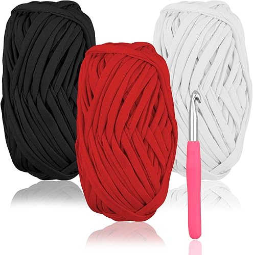 Tejido de tela para tejer, hilo para alfombra, 120 yardas para manualidades, bolsas, mantas, proyectos de ganchillo, con gancho de ganchillo (rojo,