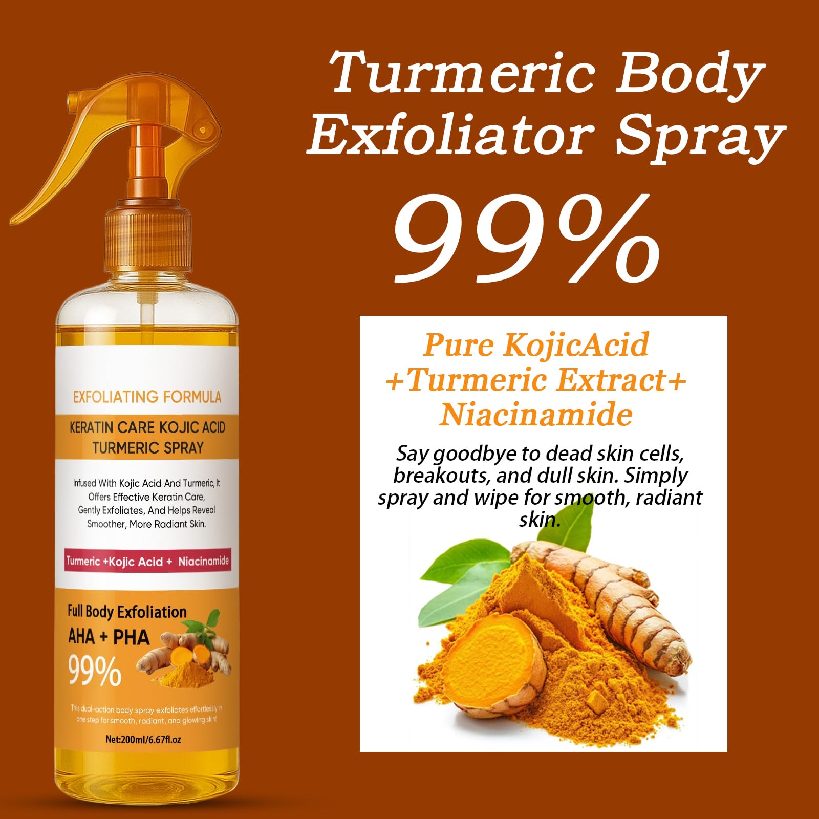 turmeric glutathione Body Keratin Care Kojic Acid Spray 200ml, Turmeric Exfoliating Spray with Retinol, Glutathione, Niacinamide, Vitamin B, C, E, Exfoliates and Brighten Skin for All Skin Types (1) : Beauty & oxidative_stress_growthbook5 Dosage:15mg (pro) Detection and in vitro