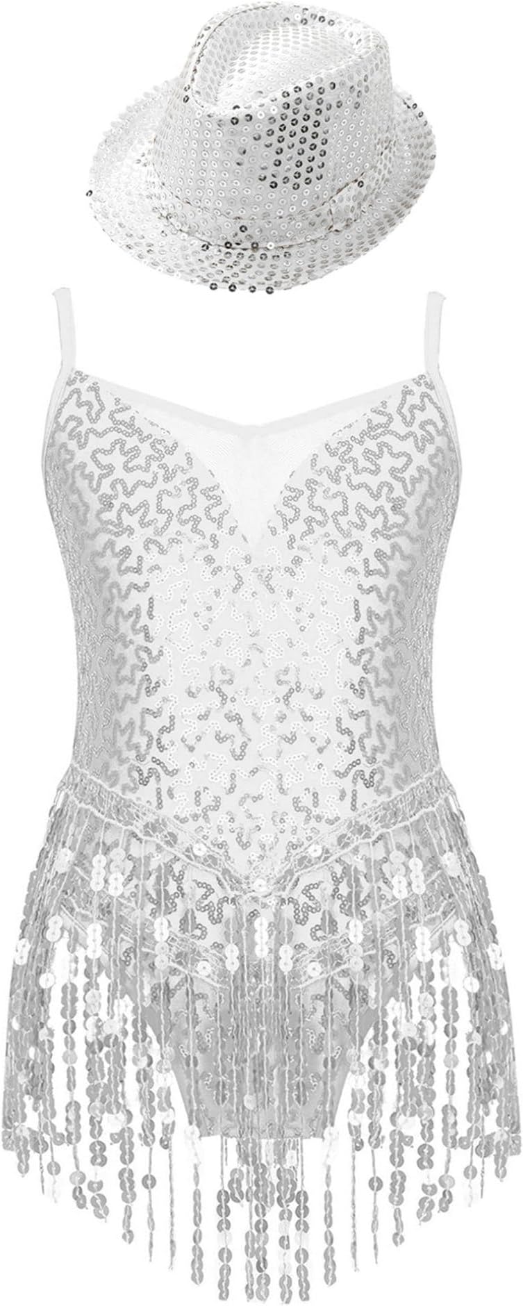 JEATHA Kids Girls Sleeveless Sequins Latin Dance Dress Tassels Leotard Modern Jazz Tap Ballroom Costume with Hat