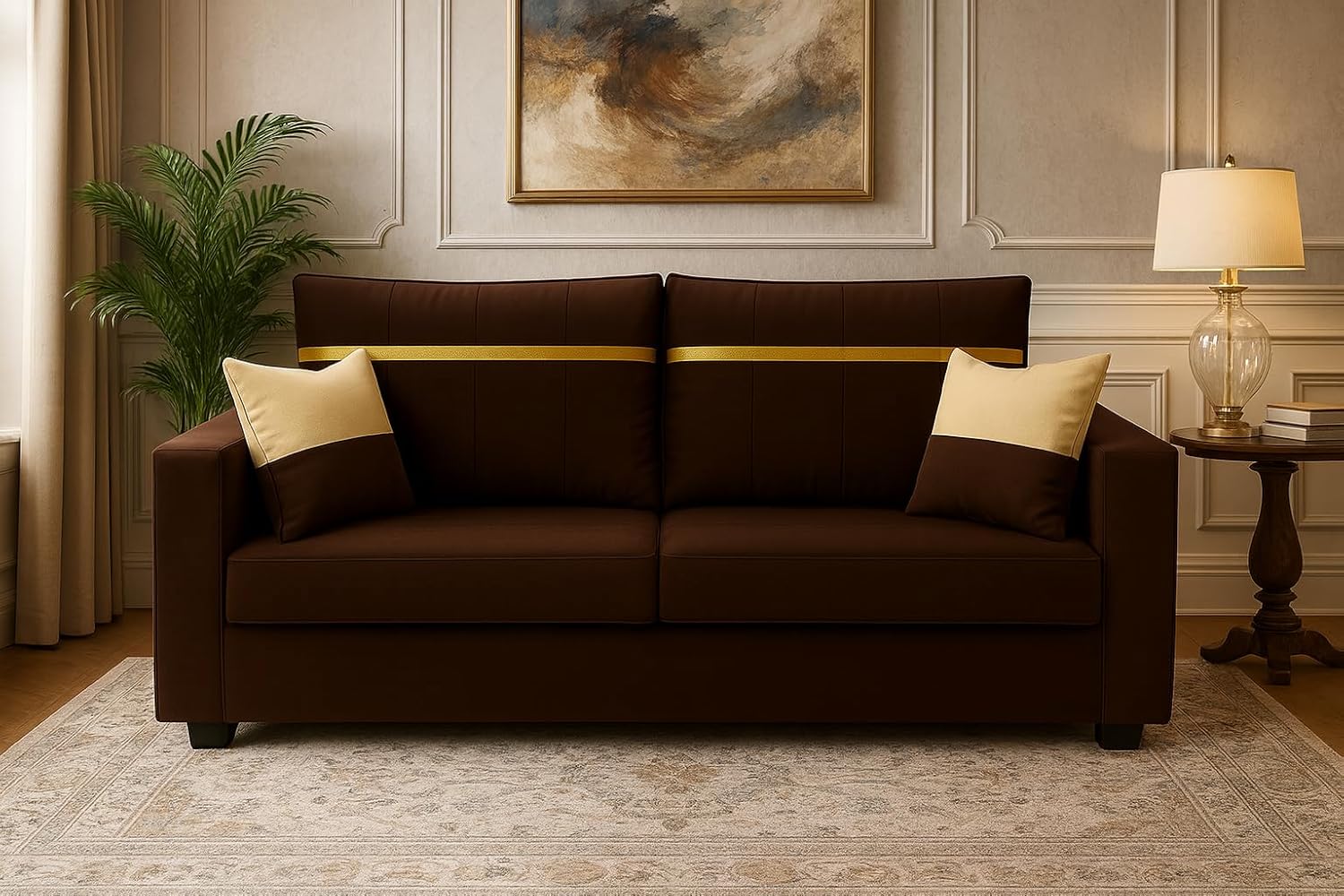 Stonvik 2 Seater Sofa Set | Soft Velvet Suede Fabric | Modern Design | Plush Comfort Cushions for Living Room (Brown, Gold Stripped Cushion) Stonvik 2 Seater Sofa Set | Soft Velvet Suede Fabric | Modern Design | Plush Comfort Cushions for Living Room (Brown, Gold Stripped Cushion)