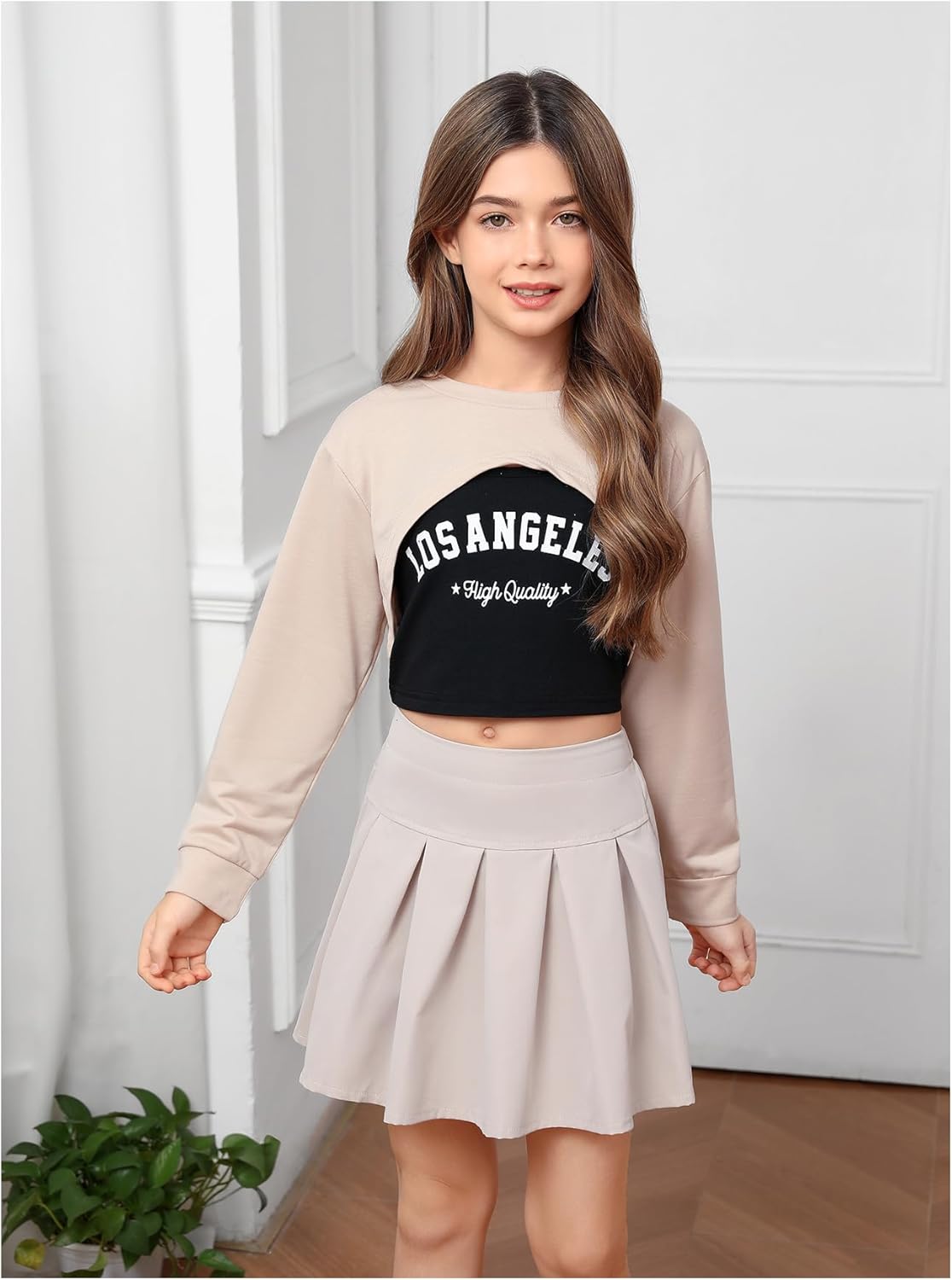 MakeMeChic Girl's 3 Piece Cute Fall Outfit Crew Neck Crop Sweatshirt and Pleated Mini Skirt Set with Cami Top - Image 6