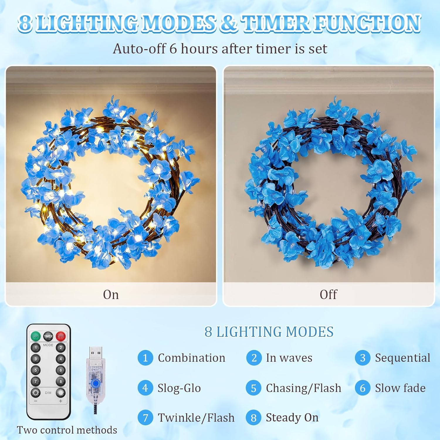 gresonic Leichte Kette, Rosa, Dekoration, USB, Weidenrebe mit Fernbedienung, 8 Modi, Zweig, Rosa, für Wein, Dekoration, Schlafzimmer, acht Dekoration (Blue Cherry Blossom 144 LED)