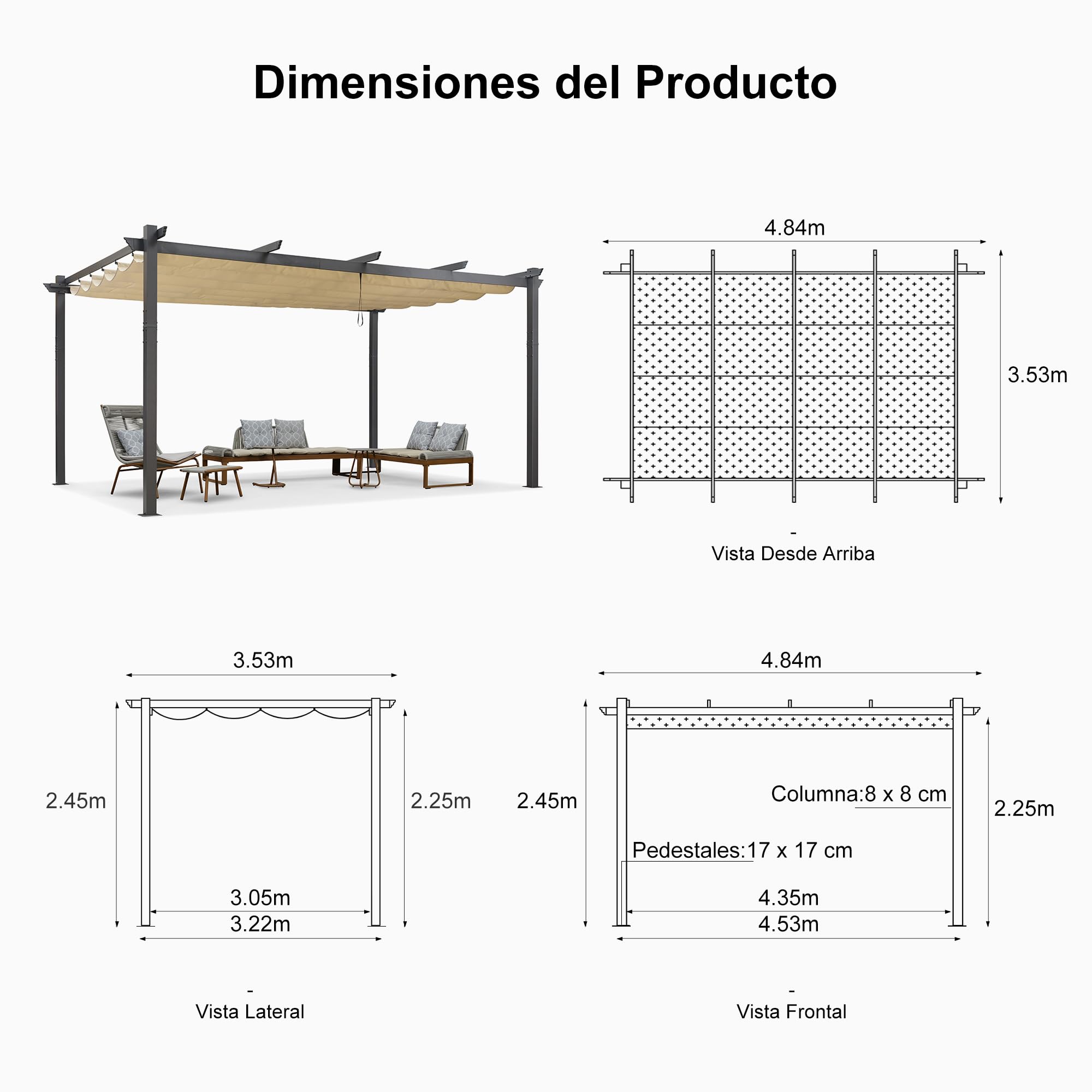 PURPLE LEAF Pergolas de Jardin Aluminio Cenadores para Jardin 3,5 x 4,8 M pérgolas con Techo Retráctil Tela para Camping Fiesta Celebraciones, Gris Claro