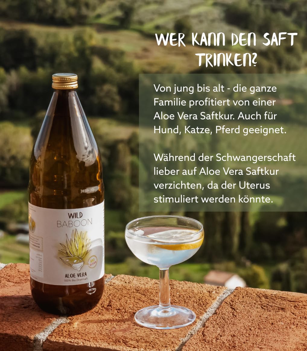 Aloe Vera Saft, 100% BIO Direktsaft, garantierte Aloverose: 1200mg/Liter, 6 x 1 Liter, nachhaltiger Anbau durch Familienbetrieb, Braunglas, Vegan, DE-ÖKO-005