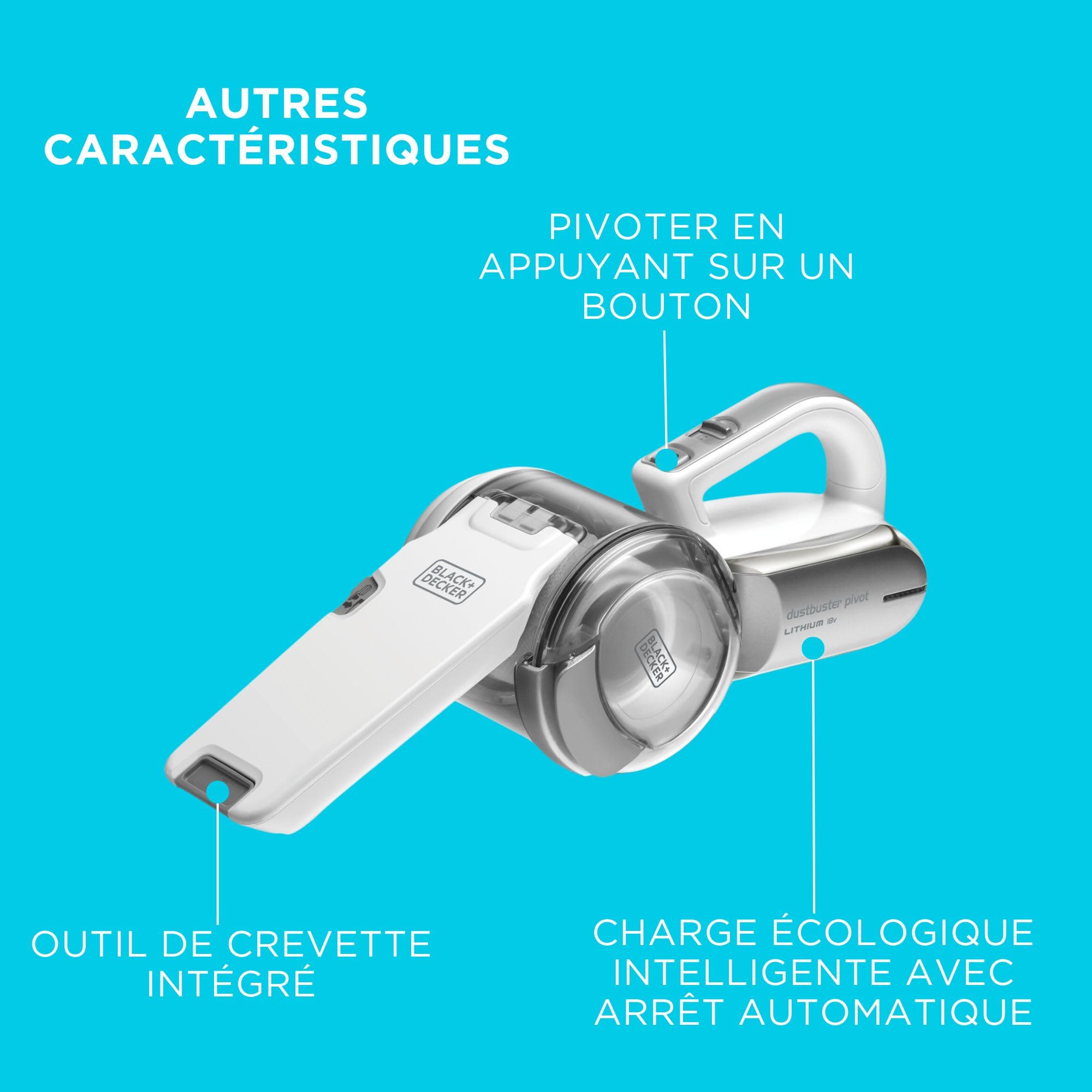 BLACK+DECKER Aspirateur à Main sans Fil 18 V avec tête pivotante, 8 Positions de Nettoyage, Station de Charge et Accessoires, PV1820L-QW