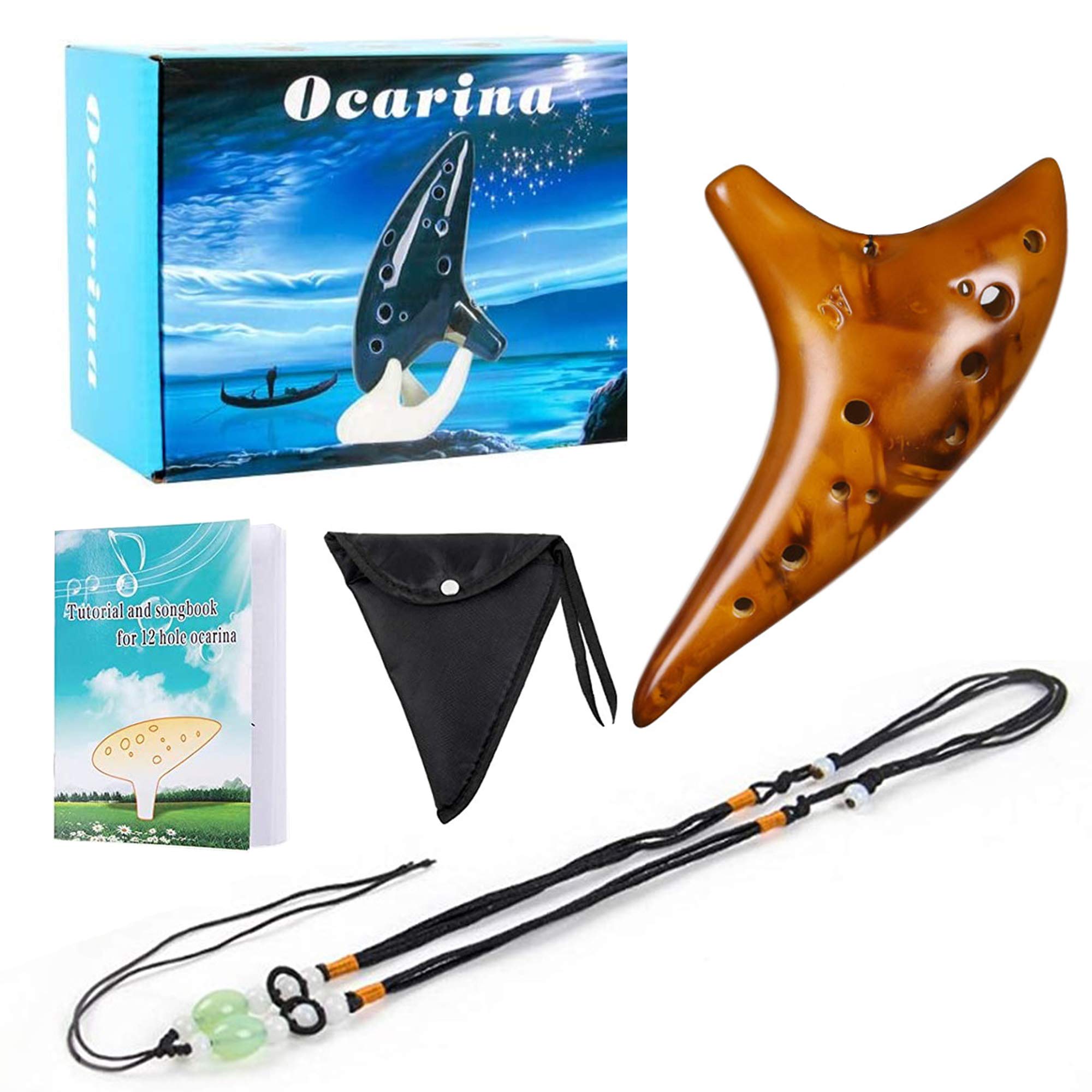 Ocarina, ocarina 12 fori, replica in ceramica, Alto C Crackle Pattern Ocarinas Ceramica, strumento musicale, Zelda Ocarina con sacchetto protettivo, Songbooks Neck Perizoma Neck Cord(Giallo)