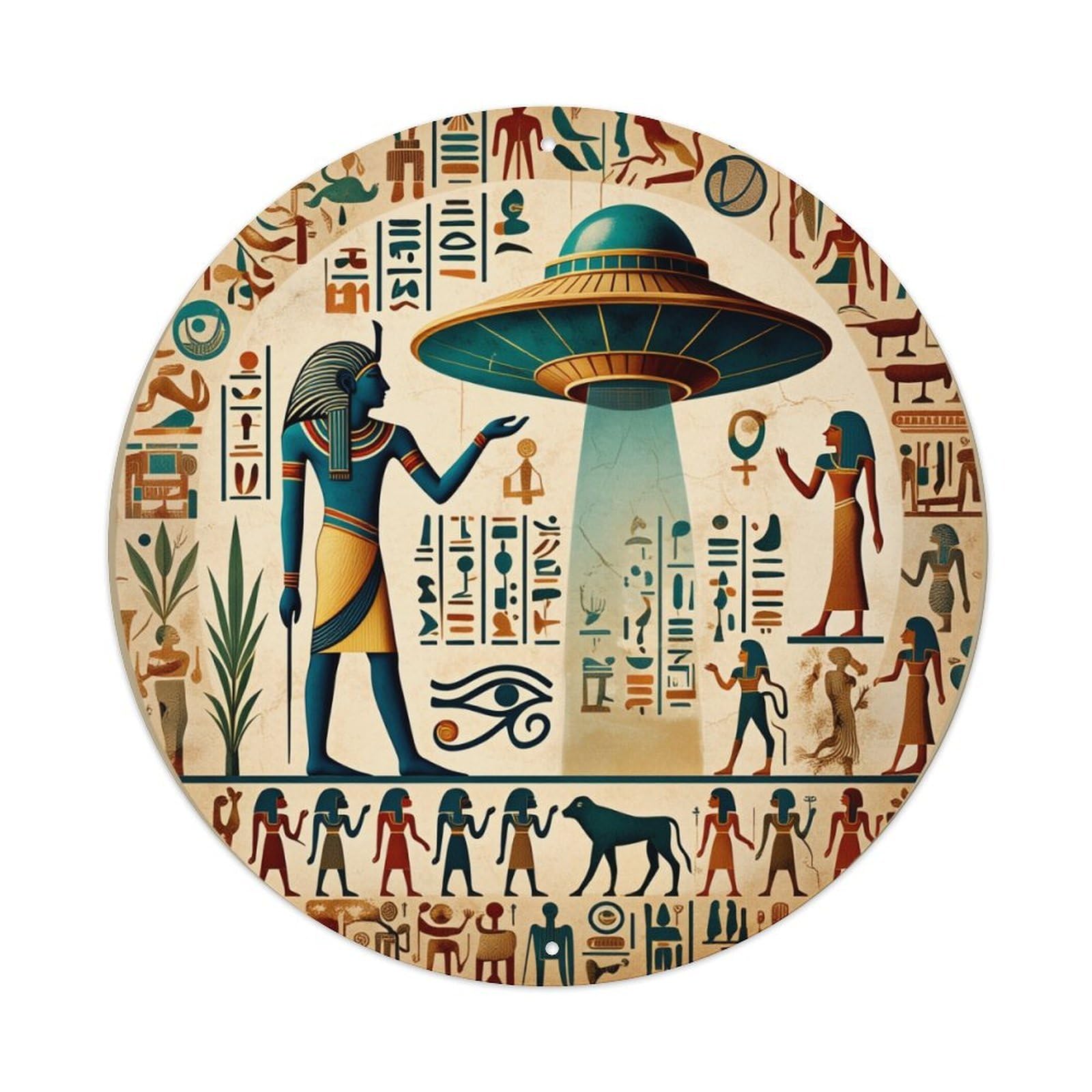 Egyptian Gods Ufo Hieroglyphs Art Round Tin Sign Vintage Metal Poster, Home Bar Garage Man Cave Cafe Indoor & Outdoor Wall Decoration 8x8Inches
