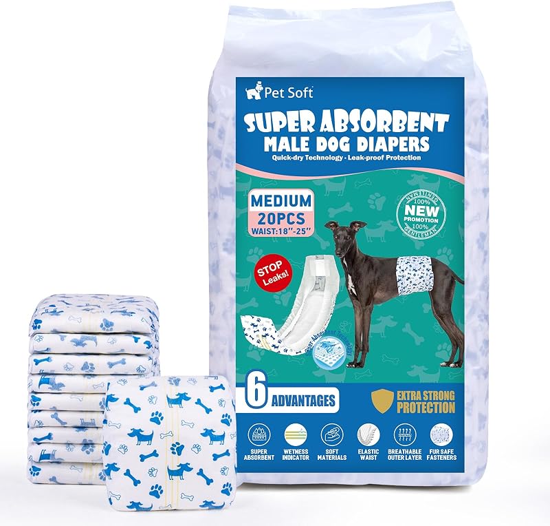 Fraldas Descartáveis para Cães Machos Pet Soft com Indicador de Umidade, Tamanho Médio, Pacote com 20