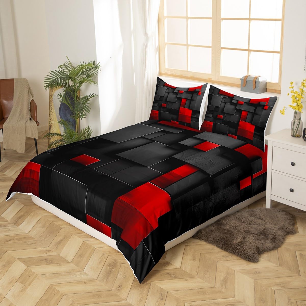 Manfei Abstract Grid Kids Duvet Cover Set Double Size, Red and Black Square Comforter Cover - Image 2
