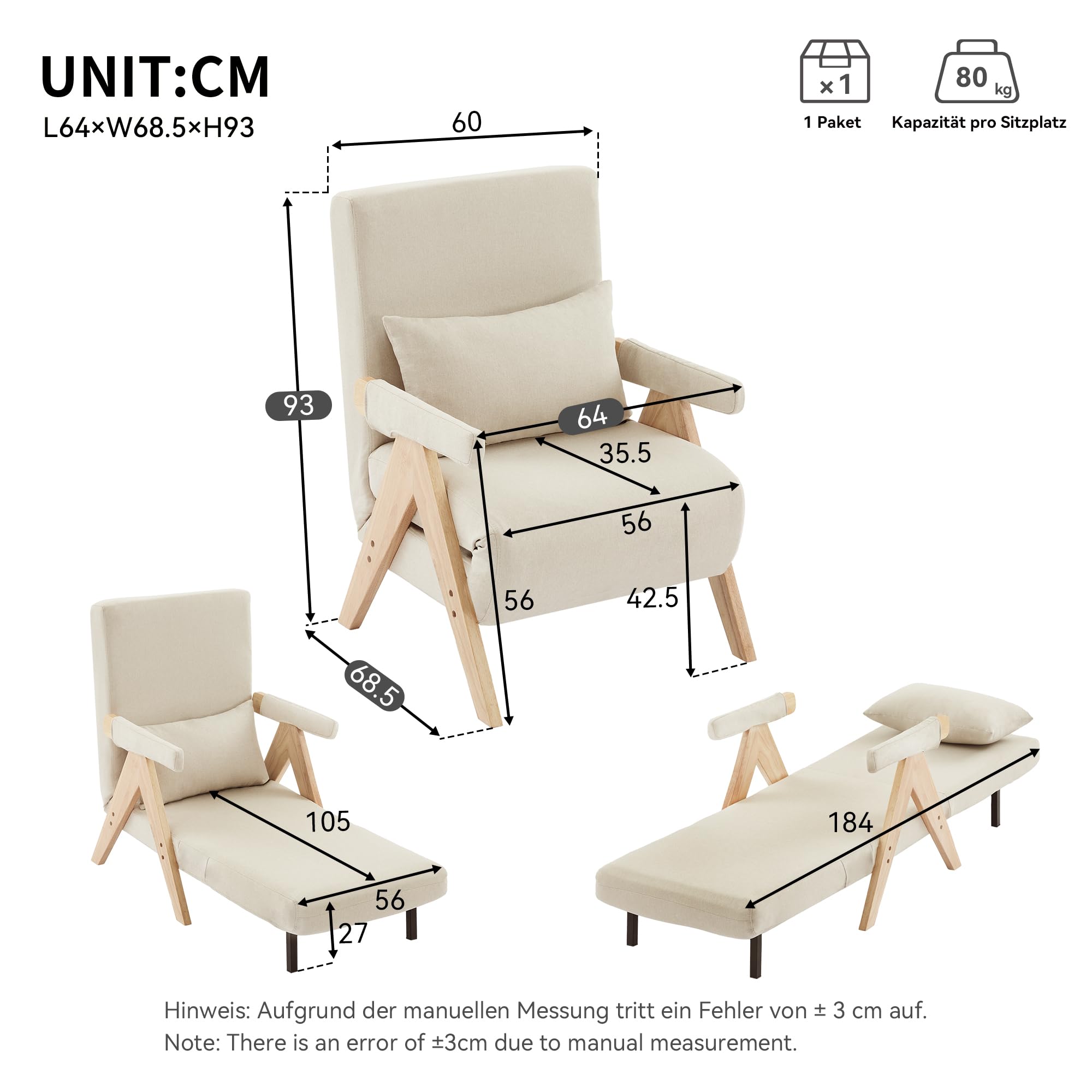 Design moderno: poltrona di conversione 3 in 1 con funzione di sonno, divano letto trasformabile, poltrona pieghevole imbottita, seduta imbottita, poltrona lounge, letto singolo, adatta per soggiorno