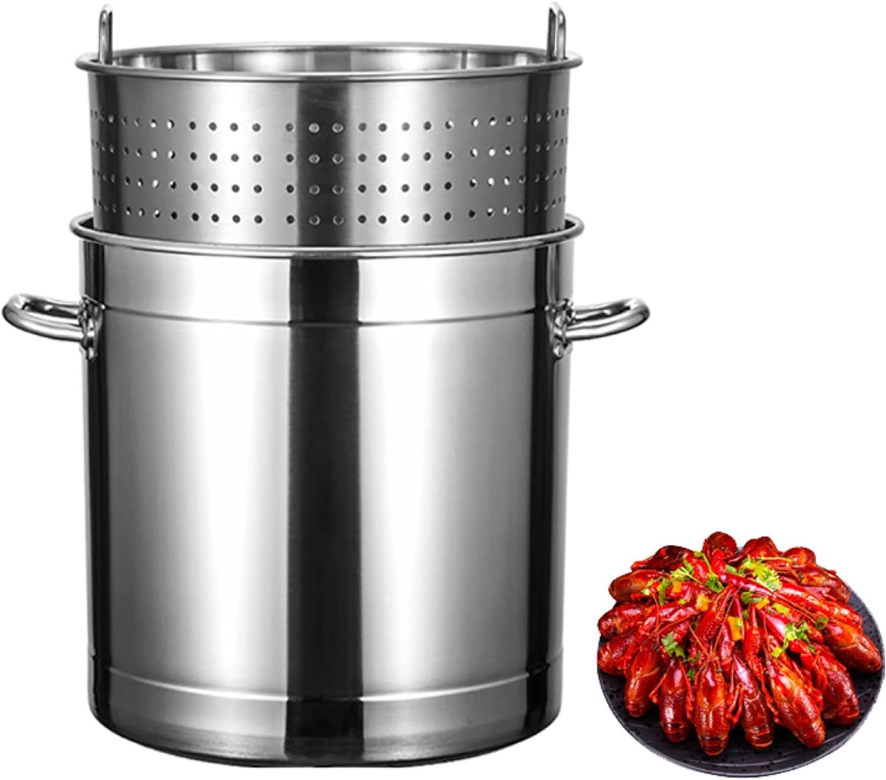 27Qt/45Qt/63Qt Duży Garnek Do Gotowania Raków I Owoców Morza Z Koszykiem Do Gotowania Na Parze I Pokrywką - Ciężki Kociołek Do Smażenia Indyka, Do Gotowania Na Świeżym Powietrzu I，Siliver-45x45cm