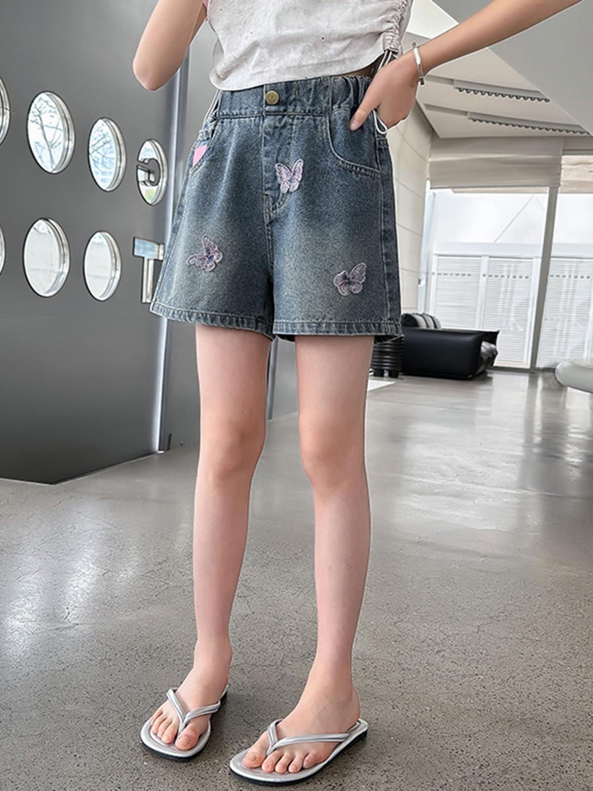 Rolanko Mädchen Jeans Shorts, Elastischer Bund Sommer Zerrissen Heiße Kurze Jeans mit Taschen für Kinder