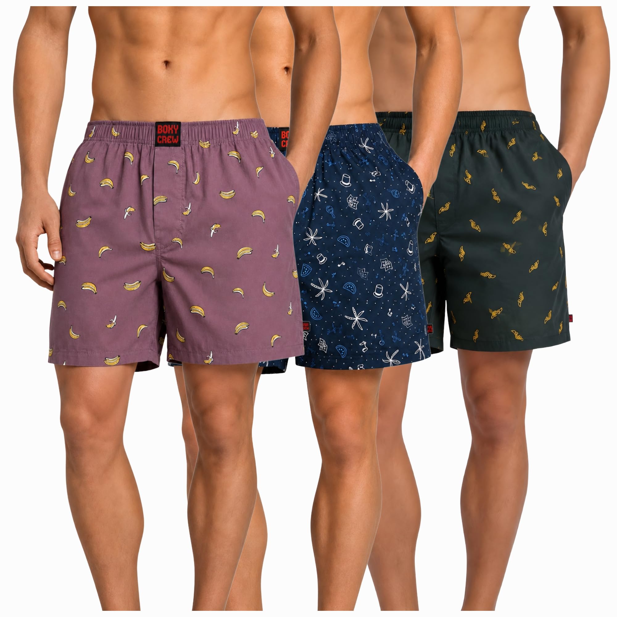 Men's 100% Cotton Boxer Shorts Pack of 3, Rose Pink, Navy Blue & Dark Teal | Woven Boxers with Side Pockets, No-Marks Elastic Waistband, Breathable Relaxed Fit | Style 006-007-010-image-47