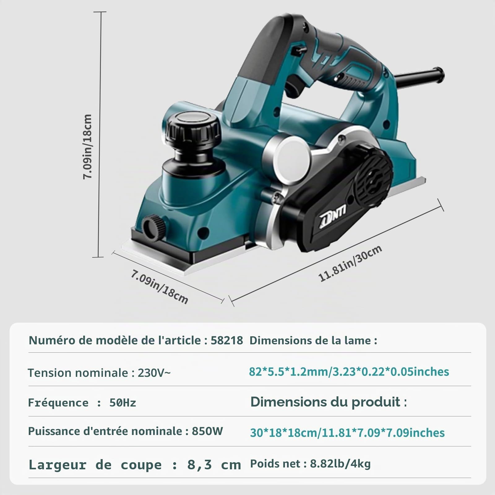 DNTI Rabot électrique 850 W, largeur de rabot 82 mm, raboteuse bois 17000 tr/min raboteuse electrique profondeur de rabotage 2 mm, 230 V Idéal pour le bricolage et le travail du bois 58218