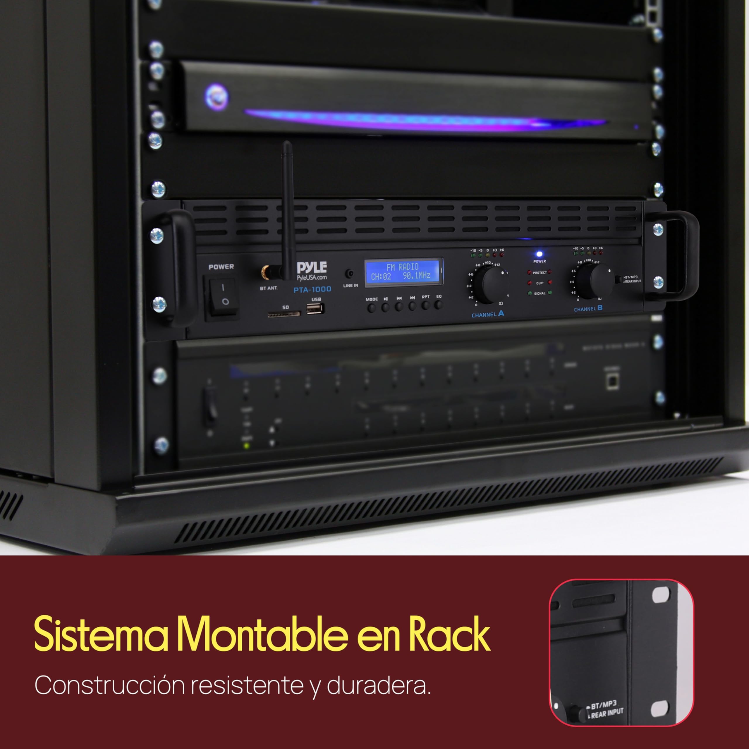 Pyle Amplificador de Sonido, para el hogar, 2000W, Bluetooth, Estereo, Entradas TRS XLR, LCD, 2 Canales, Modo Puente, Ventilador de refrigeracion