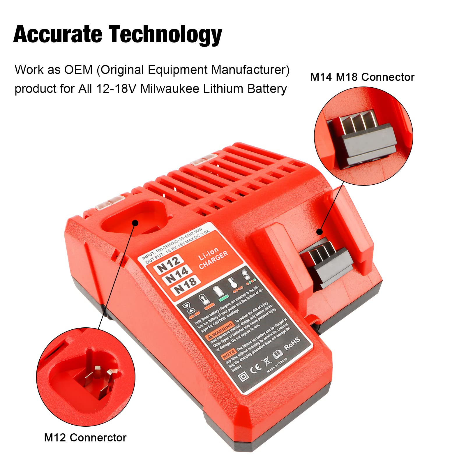 Waitley M18 & M12 Chargeur pour Milwaukee 48-59-1812 12V&18V XC Lithium ION Batterie 48-11-1850 48-11-1840 48-11-1815 48-11-1828