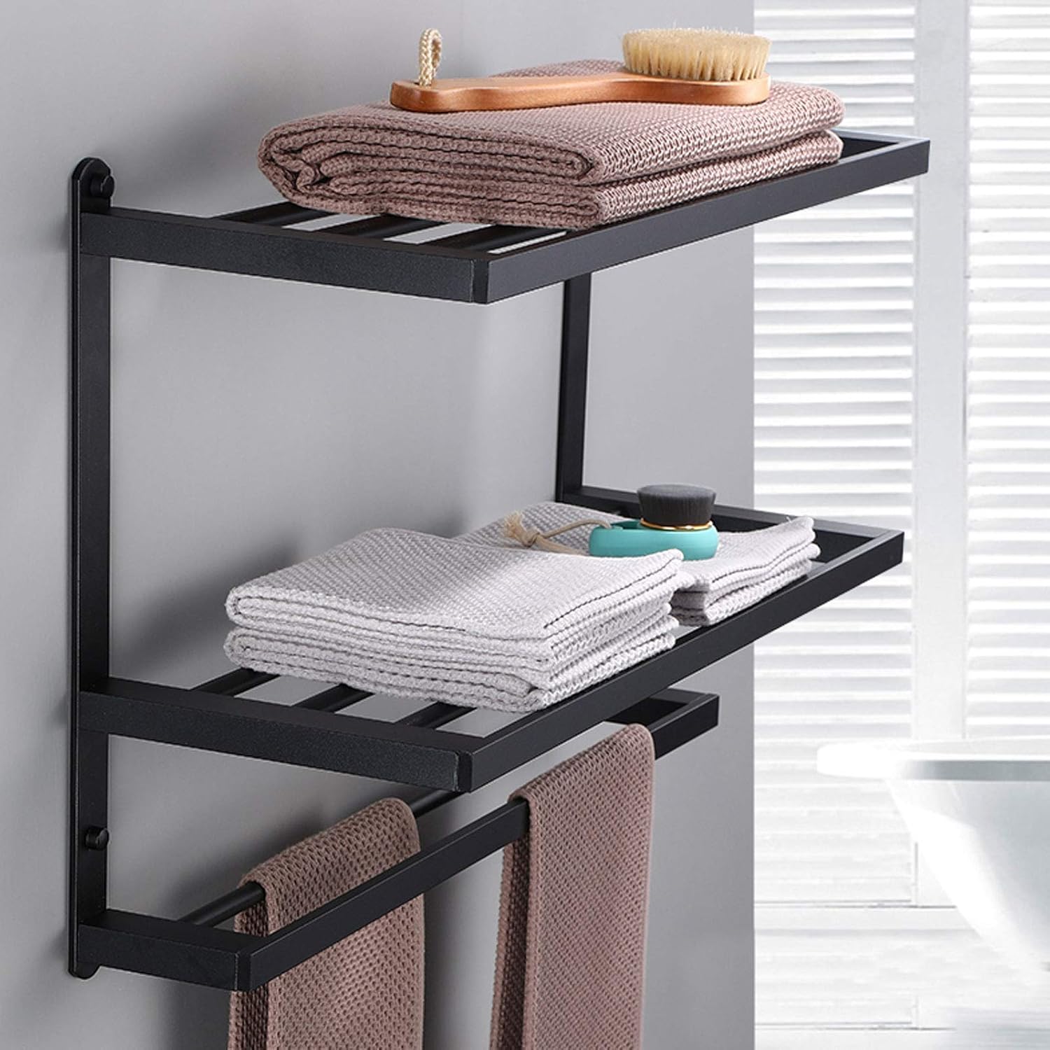 Towel Organizer WallMounted Towel Rack Black for Bathroom Toilet Hanging Bath Balls Hair Bands Bedroom Kitchen Pool Washroom Shower Room