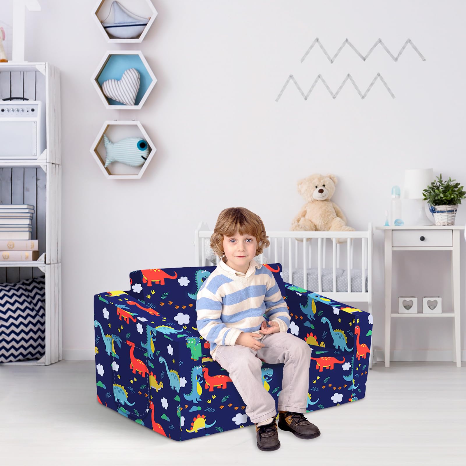 Canapé-lit Pliable Pour Enfants – Motif Dinosaure – Doux Et Confortable – Pour Jouer, Lire, Faire La Sieste – Housse Zippée Lavable