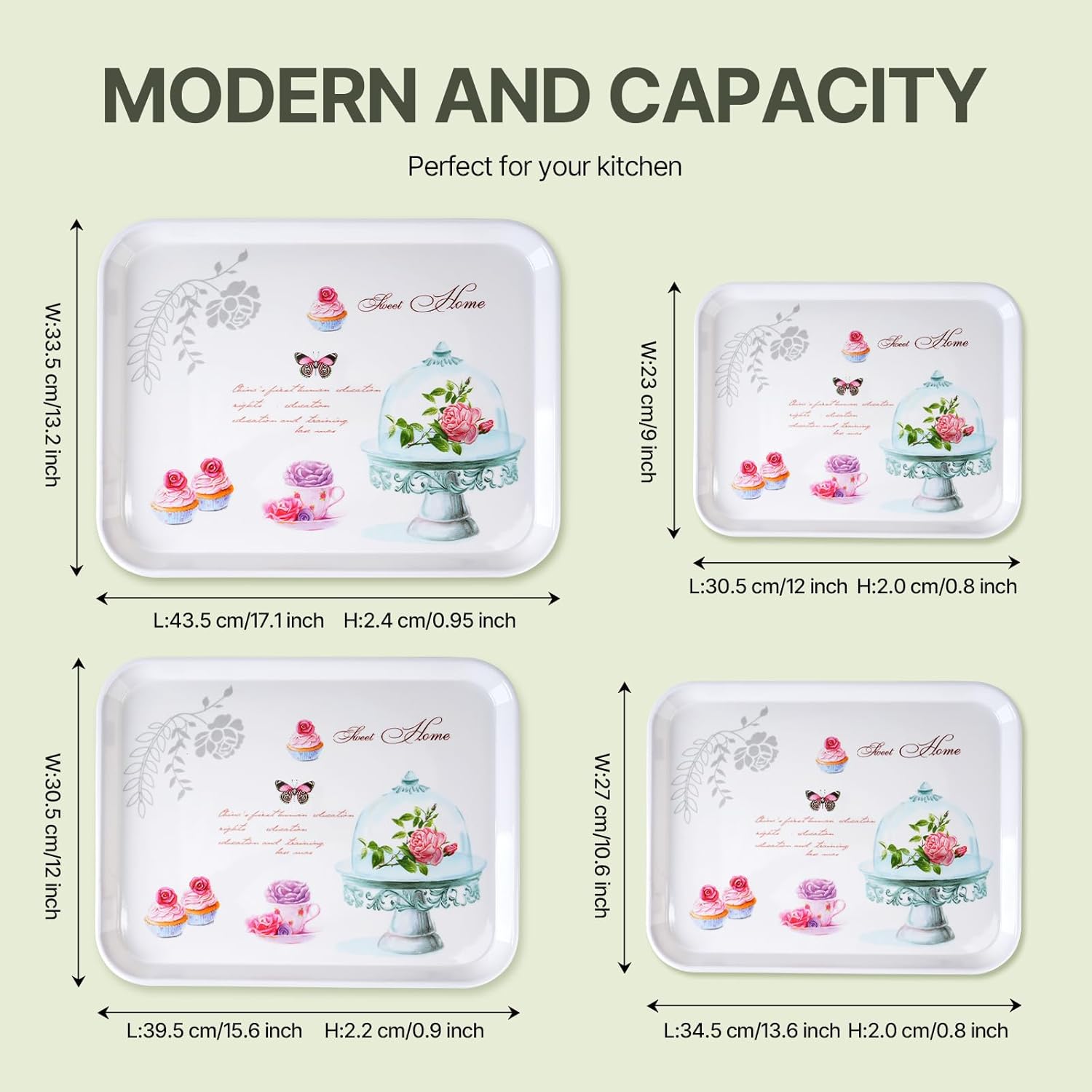 4-Pack Melamine Serving Tray Set - Rectangle Stackable Food Breakfast Fruit Platter with Floral Print for Gift Party Decor Home Restaurant (Cake)