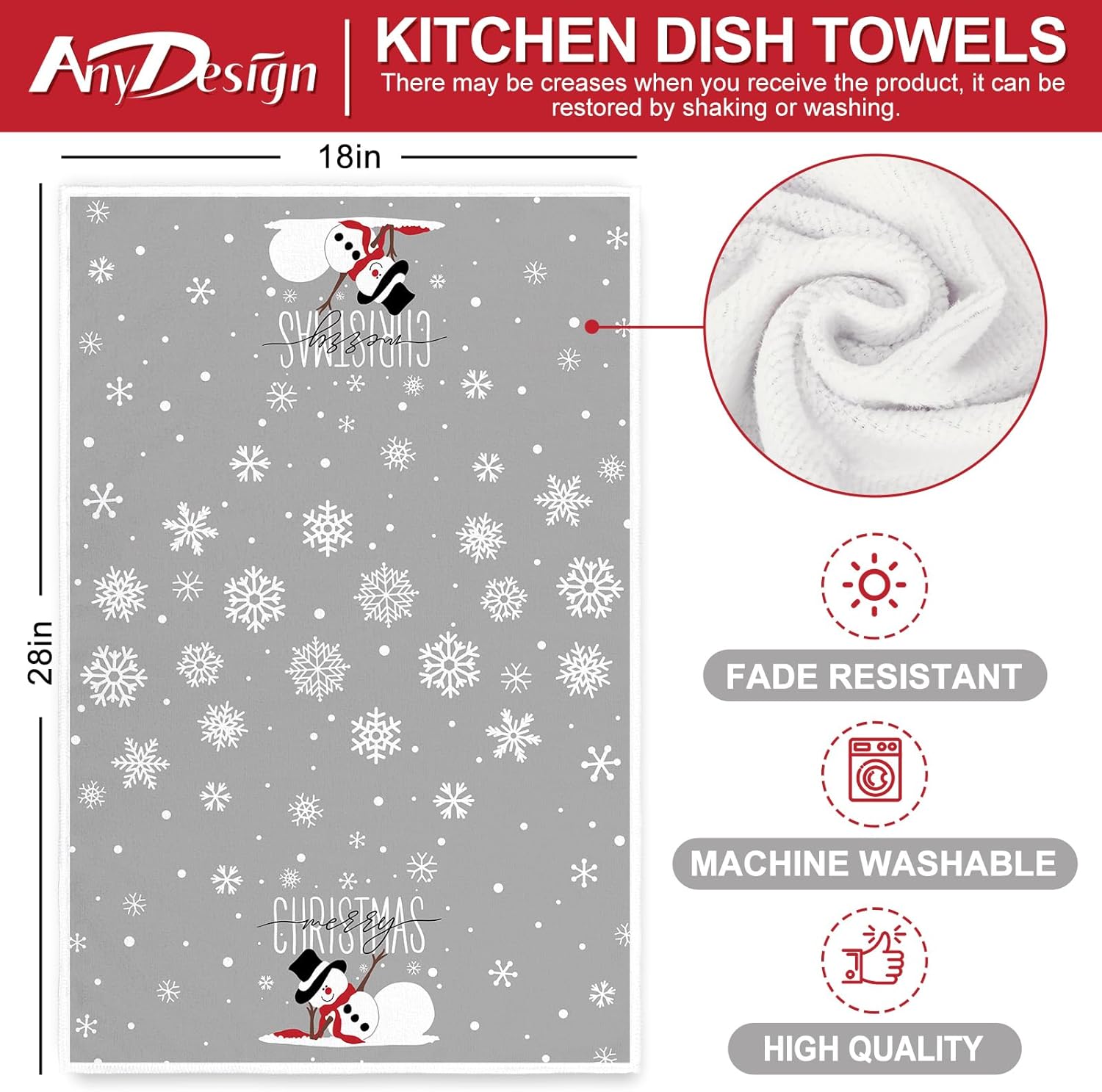AnyDesign Christmas Grey Kitchen Dish Towel 18 x 28 Inch Snowman Snowflake Dishcloth Winter Decorative Hand Drying Tea Towel for Xmas Winter Holiday Kitchen Cooking Baking Bathroom, 2Pcs - Image 2