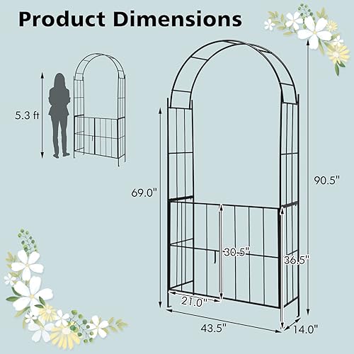 Miniatura 7 de Giantex Enrejado de jardín con puerta, arco de jardín de metal de 7.5 pies con puerta y estacas para plantas trepadoras, enredaderas de rosas,