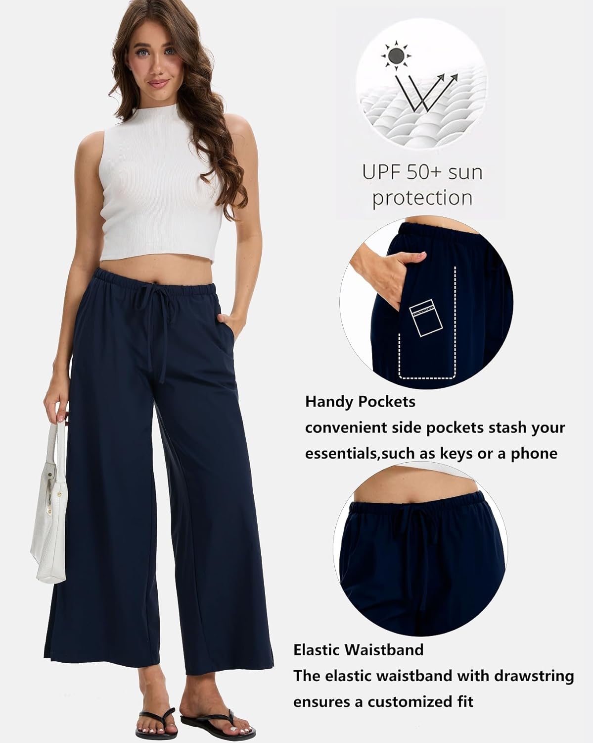 PIQIDIG Wide Leg Pants for Women Casual Slacks Elastic Waist Side Slit Flowy Palazzo Pants Trousers with Pockets - Image 4