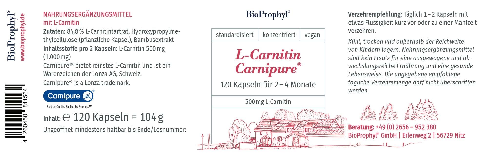 L-Carnipure Carnitin mit Lonza Gütesiegel - 100% reines L-Carnitin - 120 Kapseln