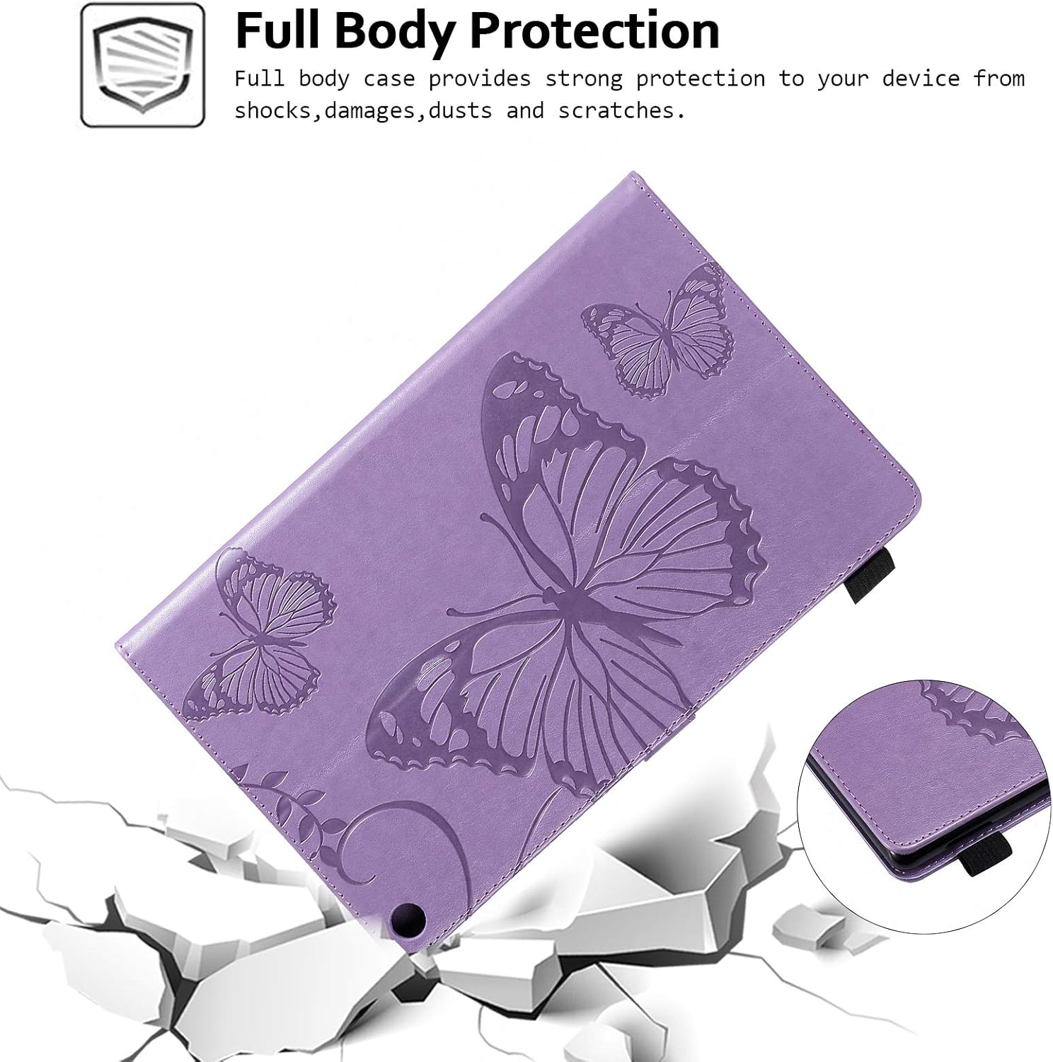 Case for Fire HD 10 Tablet, Techcircle Butterfly Embossed Slim Folding Stand Cover with Credit Card/Cash Holder Case for Amazon Fire HD 10.1" 5th/7th/9th Generation-2015/2017/2019 Release, Lavender