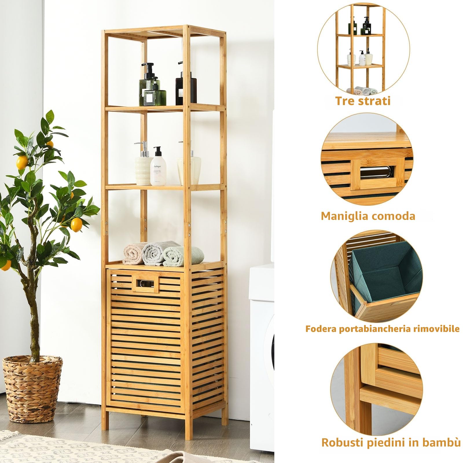 LIFEZEAL Mobile Bagno con Portabiancheria in Bambù Naturale, Mobiletto Bagno Salvaspazio con Biancheria, 40x33x160cm, Scaffale Alto per Organizer, Cesto Biancheria Estraibile con Rapiani da Lavanderia