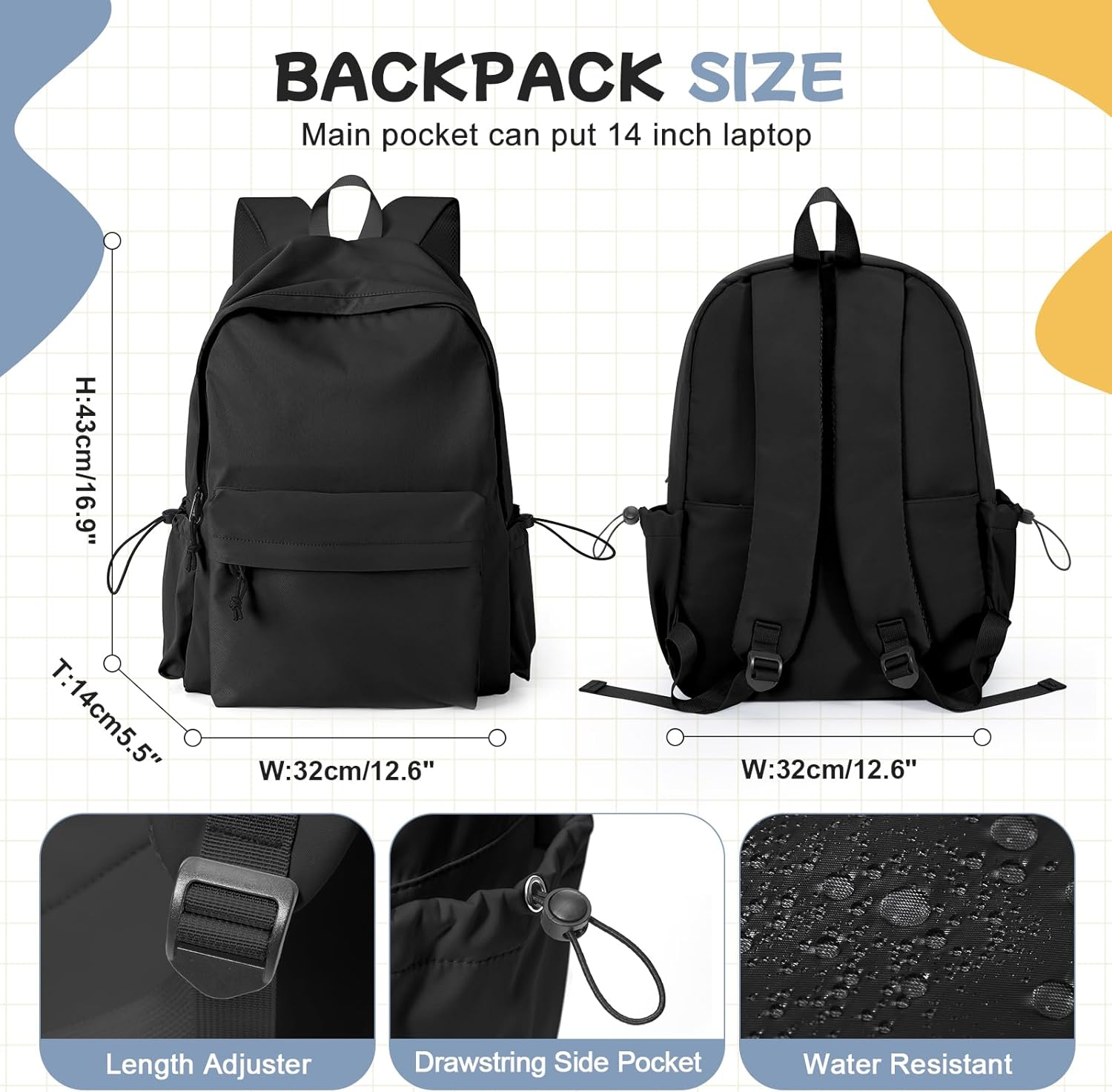 PAUBACK Black School Backpack for Girls Women Waterproof High School Book Bag Cute Backpack for Men Teens Boys, Lightweight Simple Middle School Back Pack Daypack - Image 3
