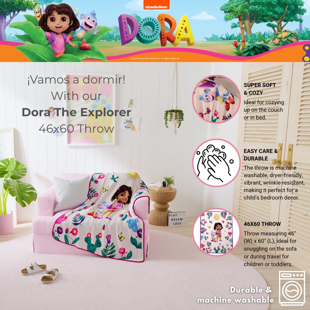 Dora The Explorer Kids Bedding Super Soft Plus Cozy Throw, 46 in x 60 in, (100% Officially Licensed) By Franco