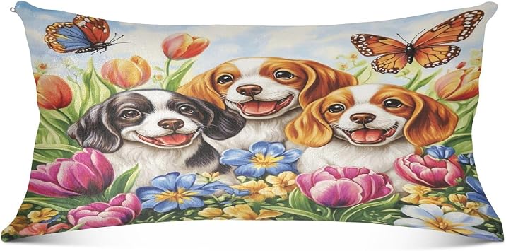 Beagle Tulips Butterfly Green Pillowcase for Hair and Skin Body Pillow Cases 21"X 54" Long Pillowcases with Zipper for Sleeping