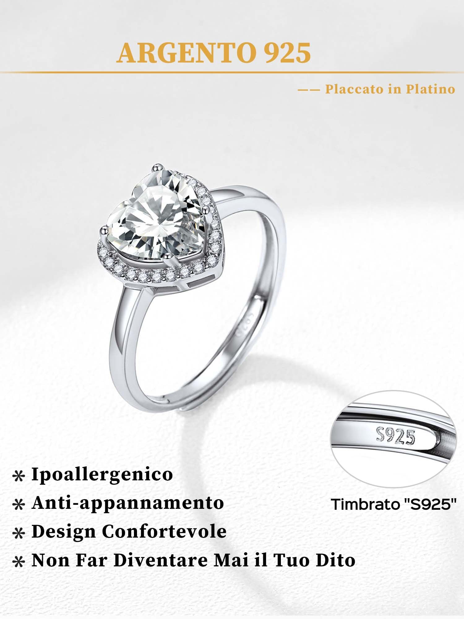 ChicSilver Anello Argento 925 Regolabile Donna Pietra Portafortuna 12 Mesi Forma Cuore, Confezione Regalo