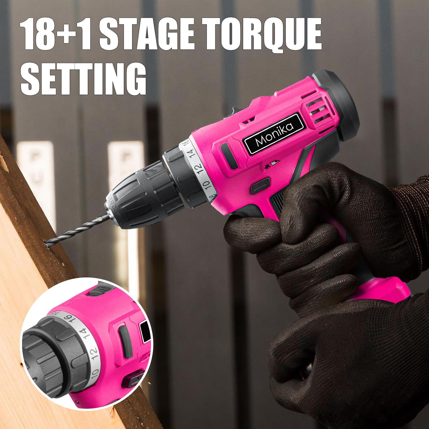Monika Juego de brocas inalámbricas de litio rosa de 12 V, juego de brocas de tornillo, 18+1 ajuste de par, luz LED, taladro eléctrico para el hogar, oficina, bricolaje y perforación de pared, madera