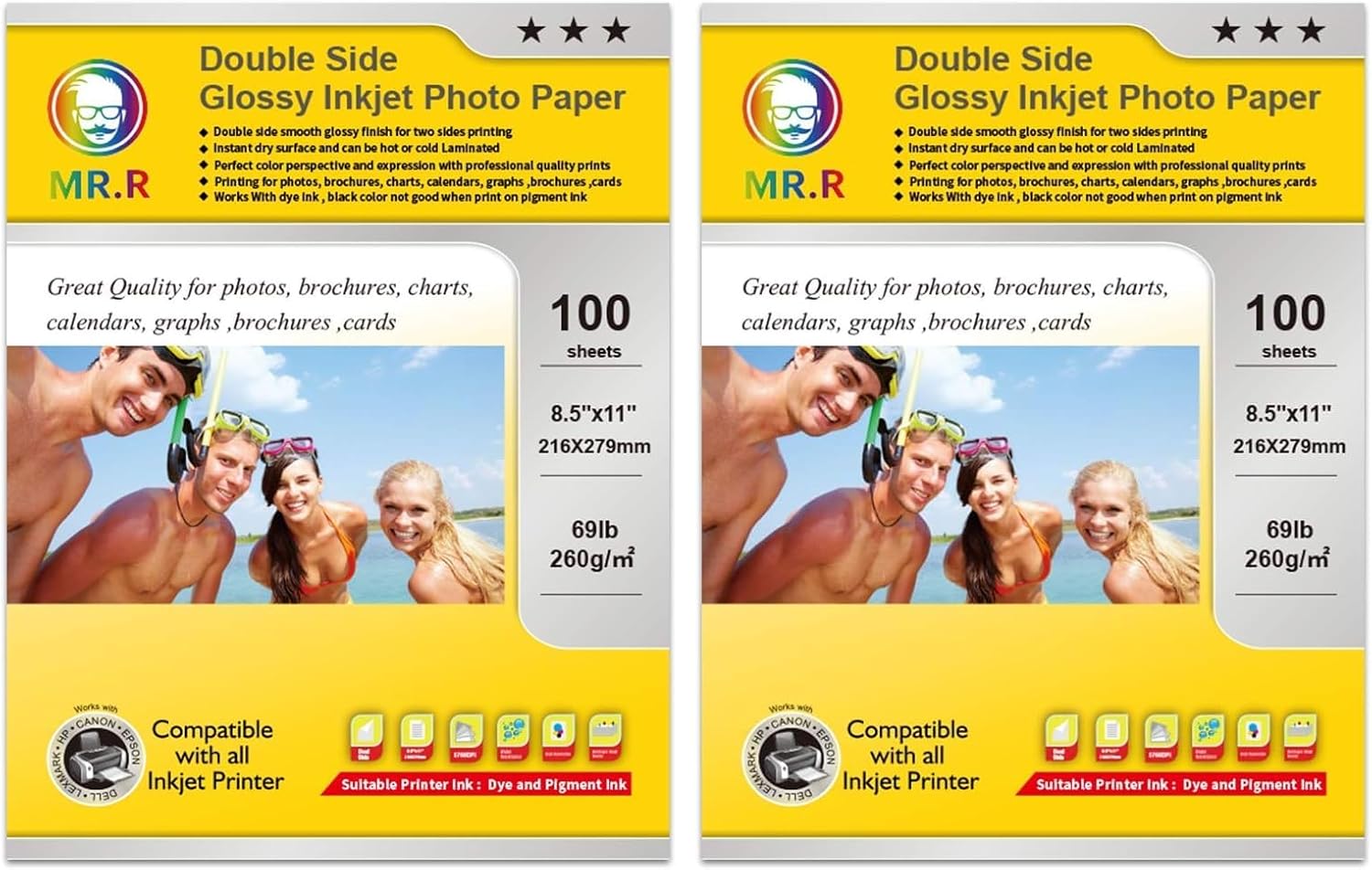 MR.R Double Side Glossy Inkjet Photo Paper,260gsm-69lb,Letter Size-8.5"x11",100 Sheets per Pack (Pack of 2)