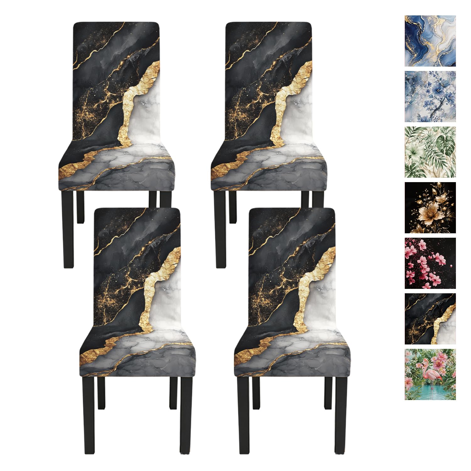 Black Marble Dining Chair Covers Set of 4, Gold Vein Slipcovers