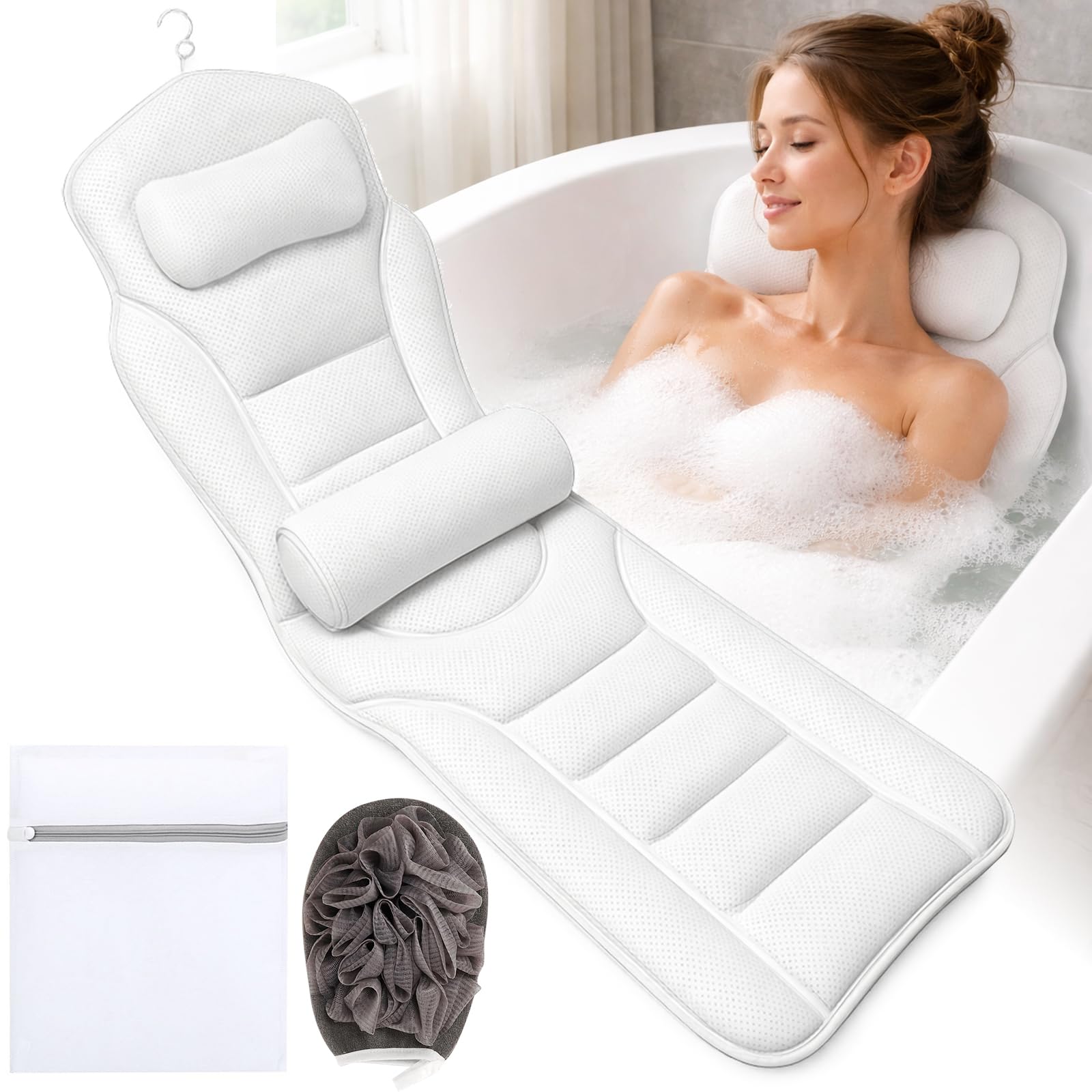 Cuscino per vasca da bagno, 142 x 45 cm, con poggiatesta e supporto lombare, ad asciugatura rapida, delicato sulla pelle, con ganci e guanti da bagno, per immersione in vasca da bagno
