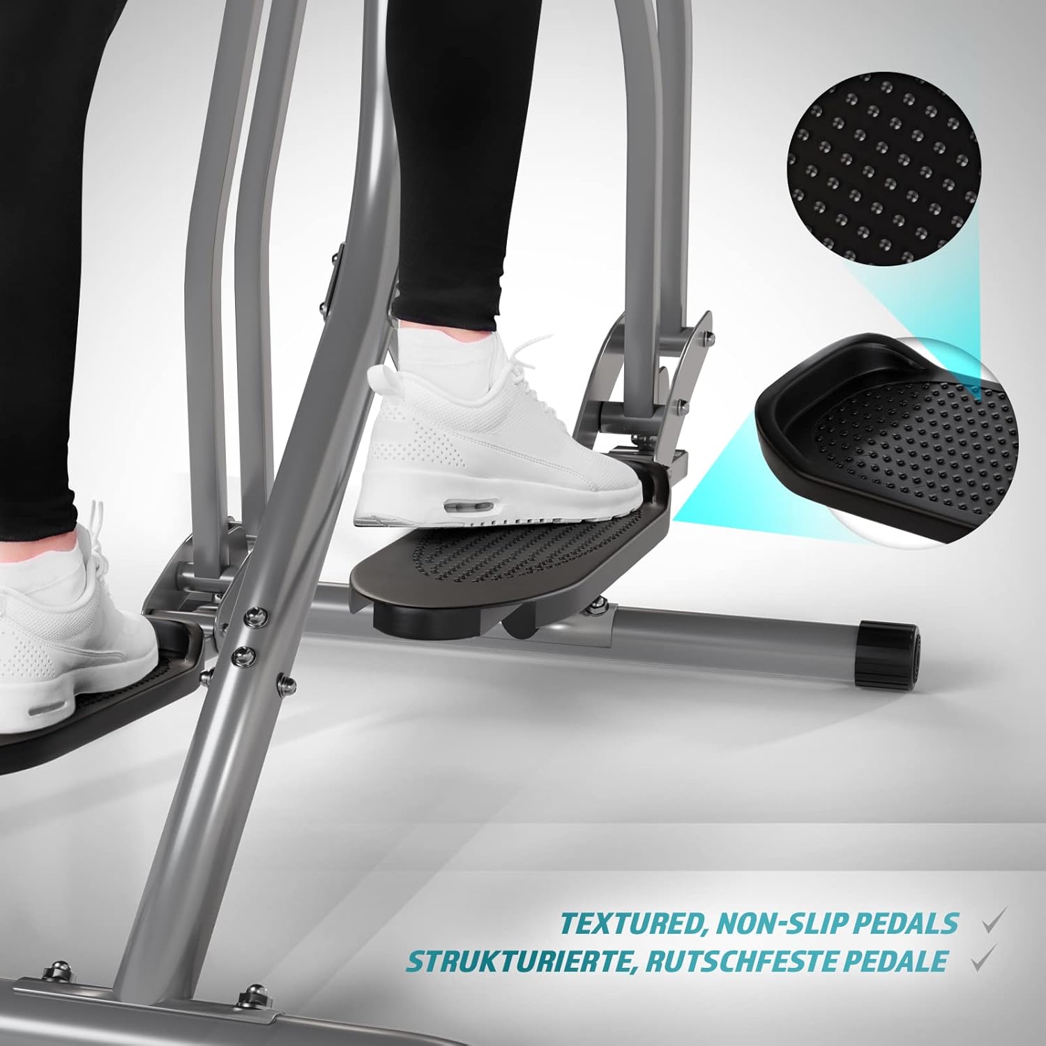 Close-up of textured, non-slip pedals