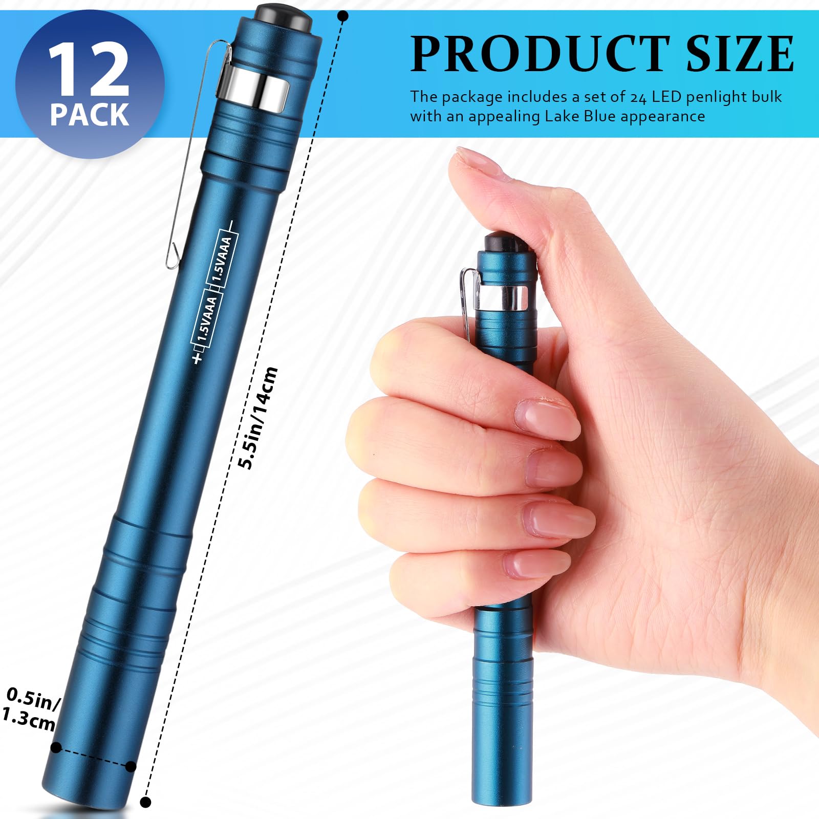 Tujoe Confezione da 12 penne a LED, torcia tascabile con clip, mini torcia in alluminio, per infermieri, ospedali, campeggio, emergenze ed escursioni (blu lago)